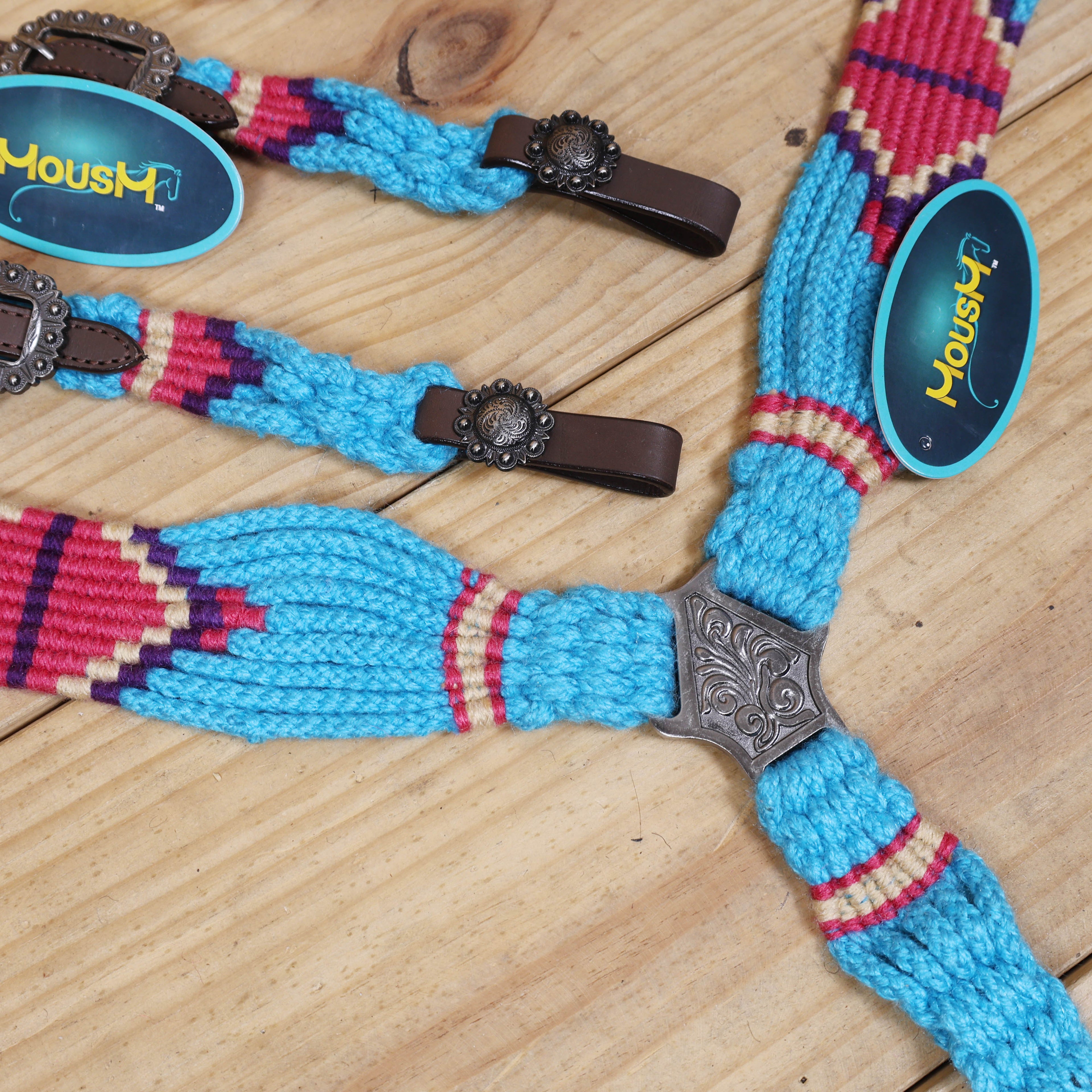 Sky Blue, Light Red & Purple Mohair Western Headstall Tack Set with 32” Front Girth – Complete 5-Piece Set on Argentina Leather – Antique Copper Hardware – Handcrafted