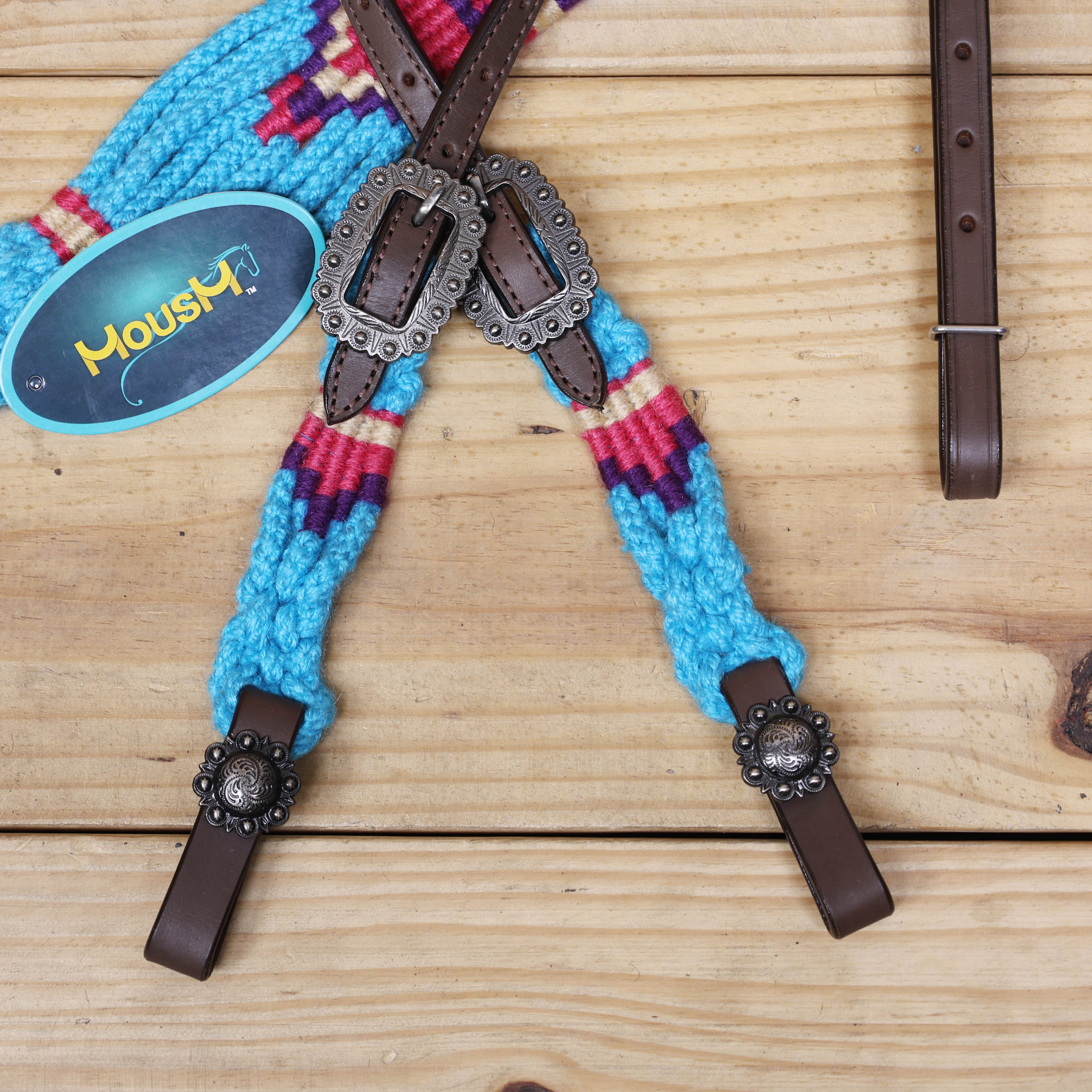 Sky Blue, Light Red & Purple Mohair Western Headstall Tack Set with 32” Front Girth – Complete 5-Piece Set on Argentina Leather – Antique Copper Hardware – Handcrafted