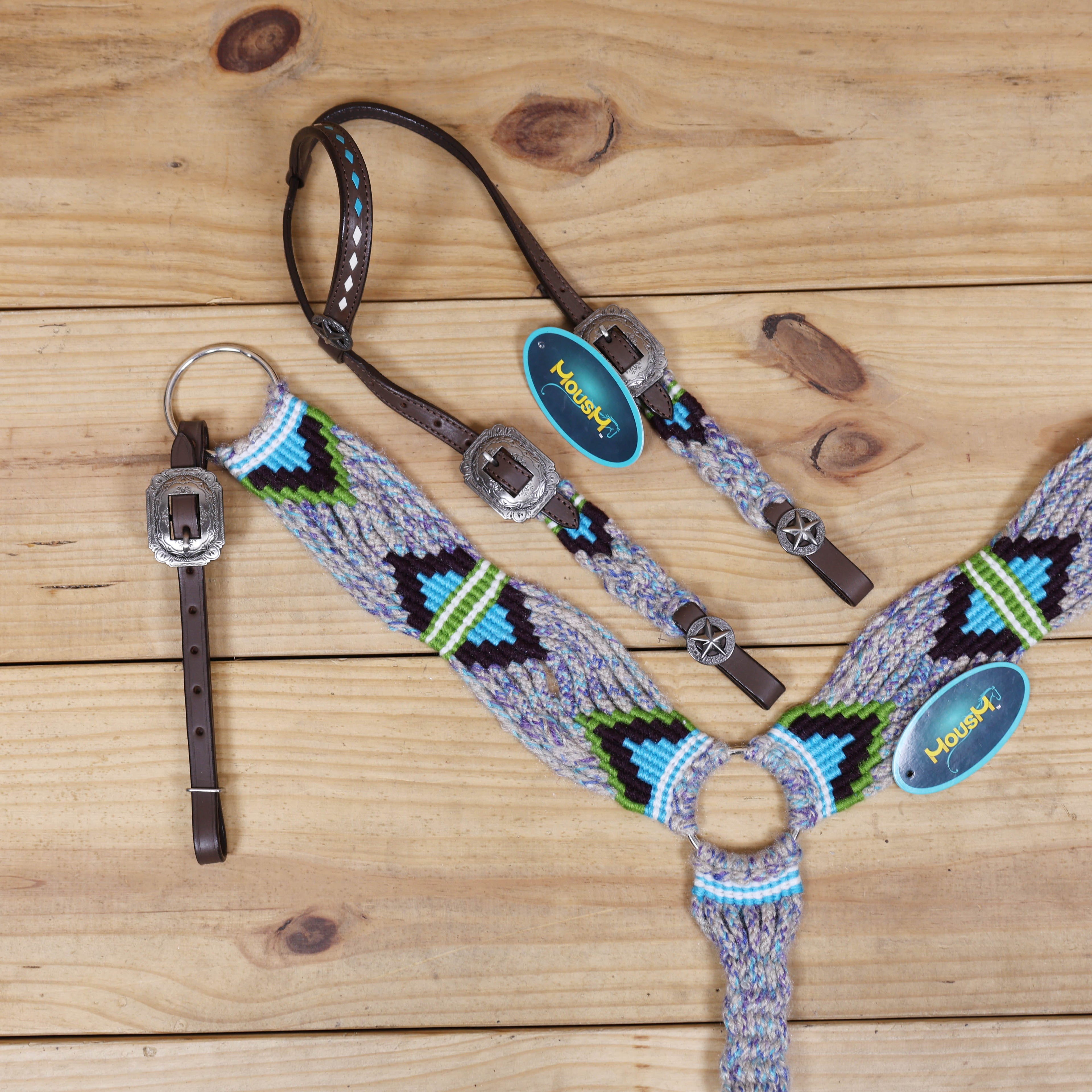 Grey, Green, Purple & Sky Blue Mohair Western Headstall Tack Set with 32” Front Girth – Complete 5-Piece Set on Argentina Leather – Antique Copper Hardware – Handcrafted