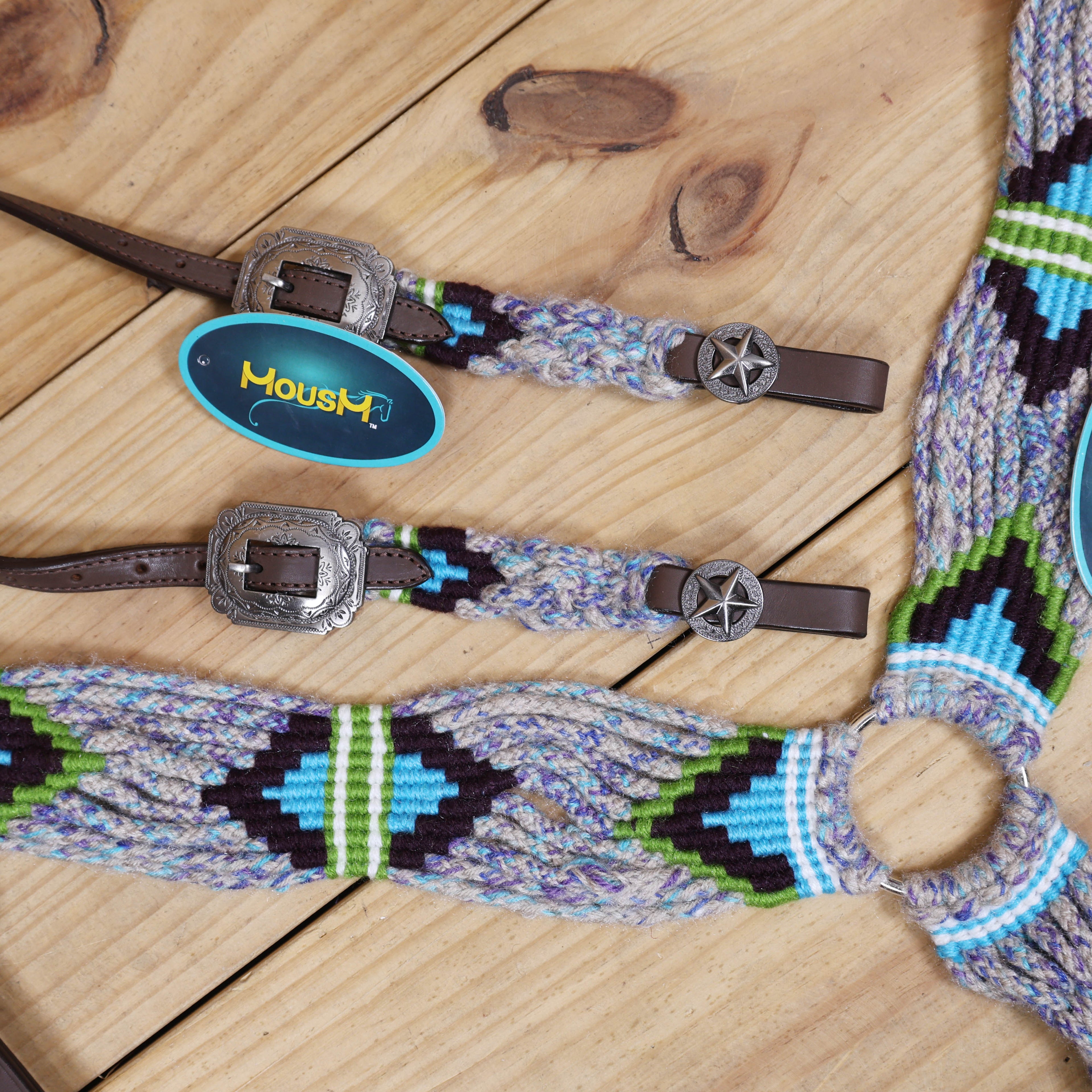 Grey, Green, Purple & Sky Blue Mohair Western Headstall Tack Set with 32” Front Girth – Complete 5-Piece Set on Argentina Leather – Antique Copper Hardware – Handcrafted