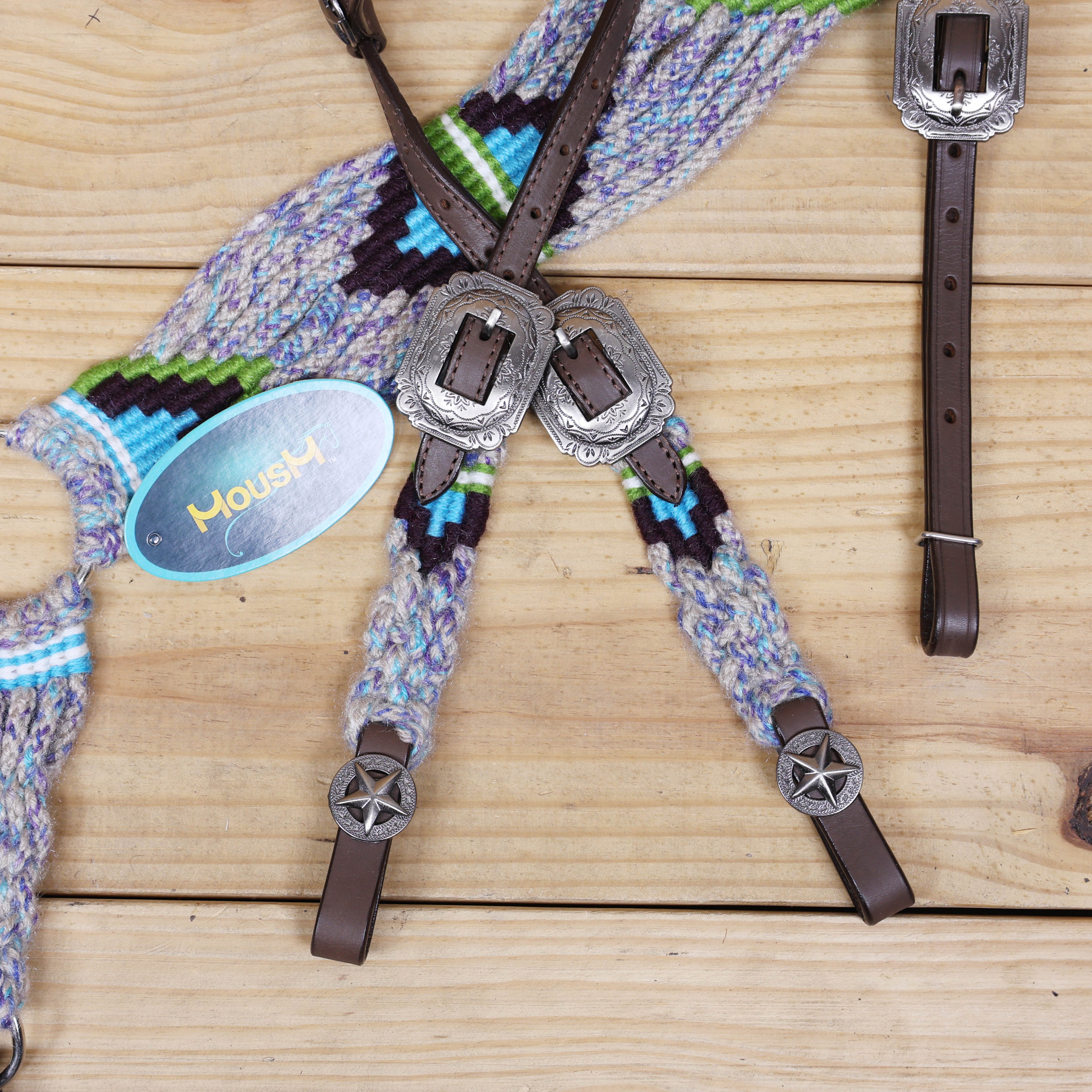 Grey, Green, Purple & Sky Blue Mohair Western Headstall Tack Set with 32” Front Girth – Complete 5-Piece Set on Argentina Leather – Antique Copper Hardware – Handcrafted