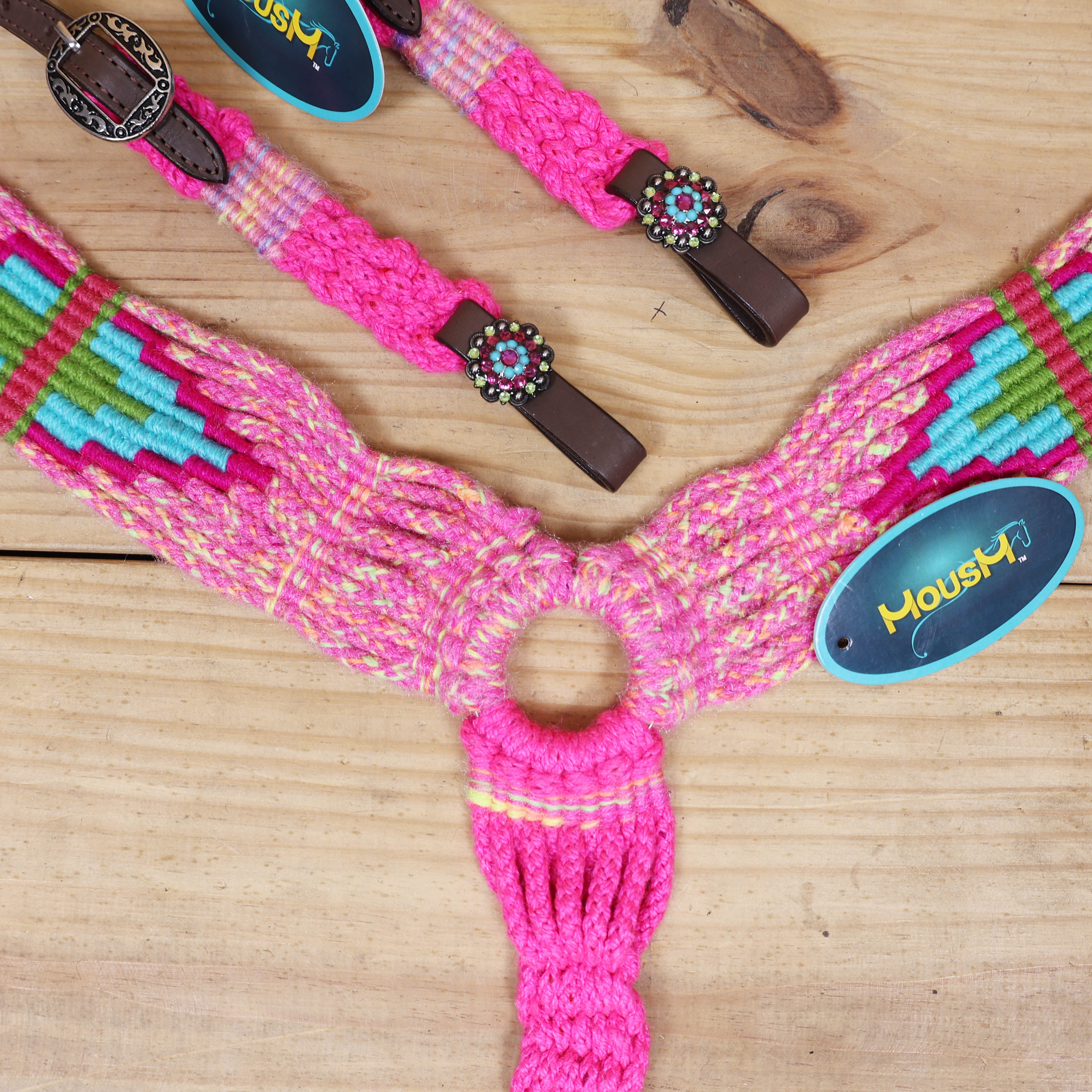Pink, Teal & Green Mohair Western Headstall Tack Set with 32” Front Girth – Complete 5-Piece Set on Argentina Leather – Antique Copper Hardware – Handcrafted