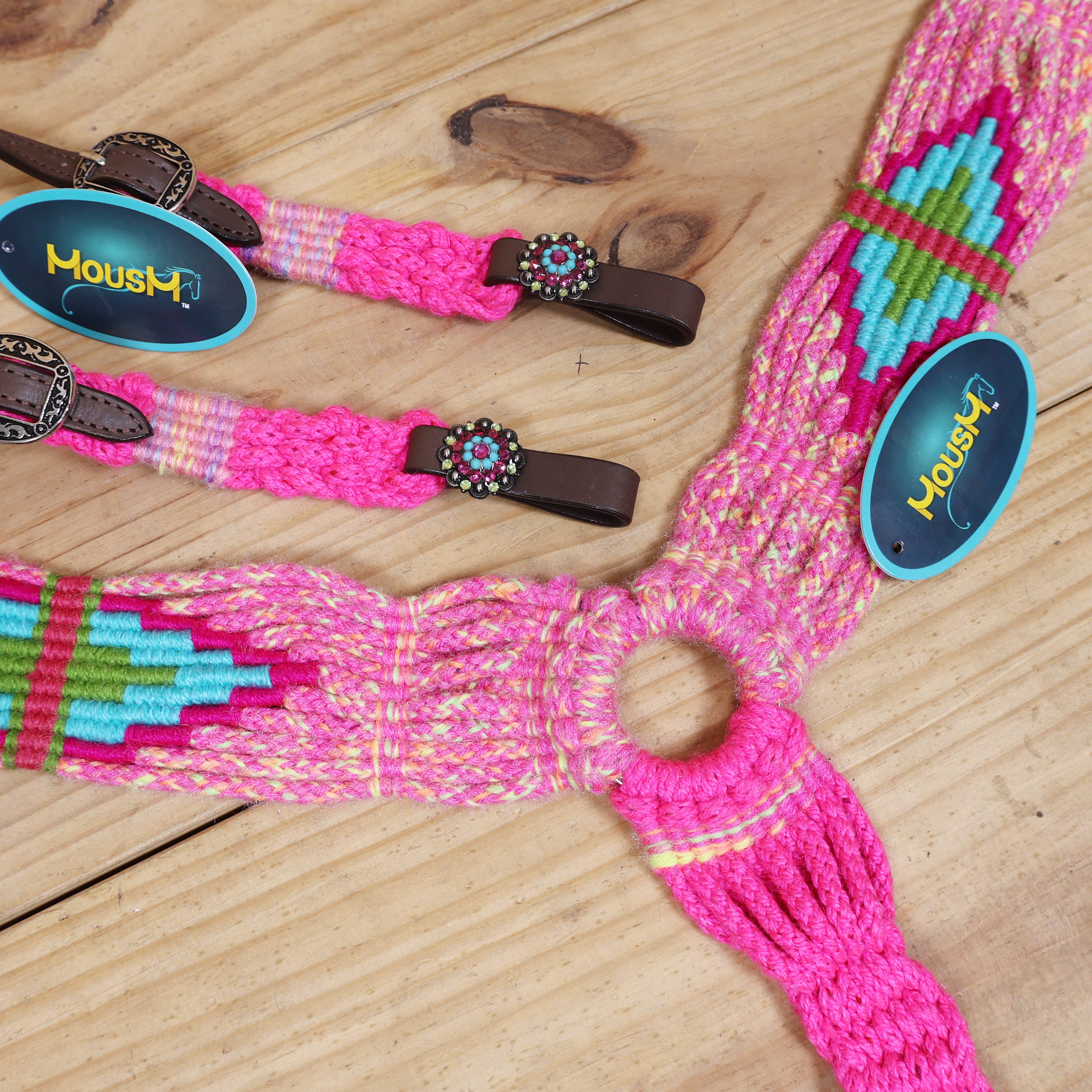 Pink, Teal & Green Mohair Western Headstall Tack Set with 32” Front Girth – Complete 5-Piece Set on Argentina Leather – Antique Copper Hardware – Handcrafted