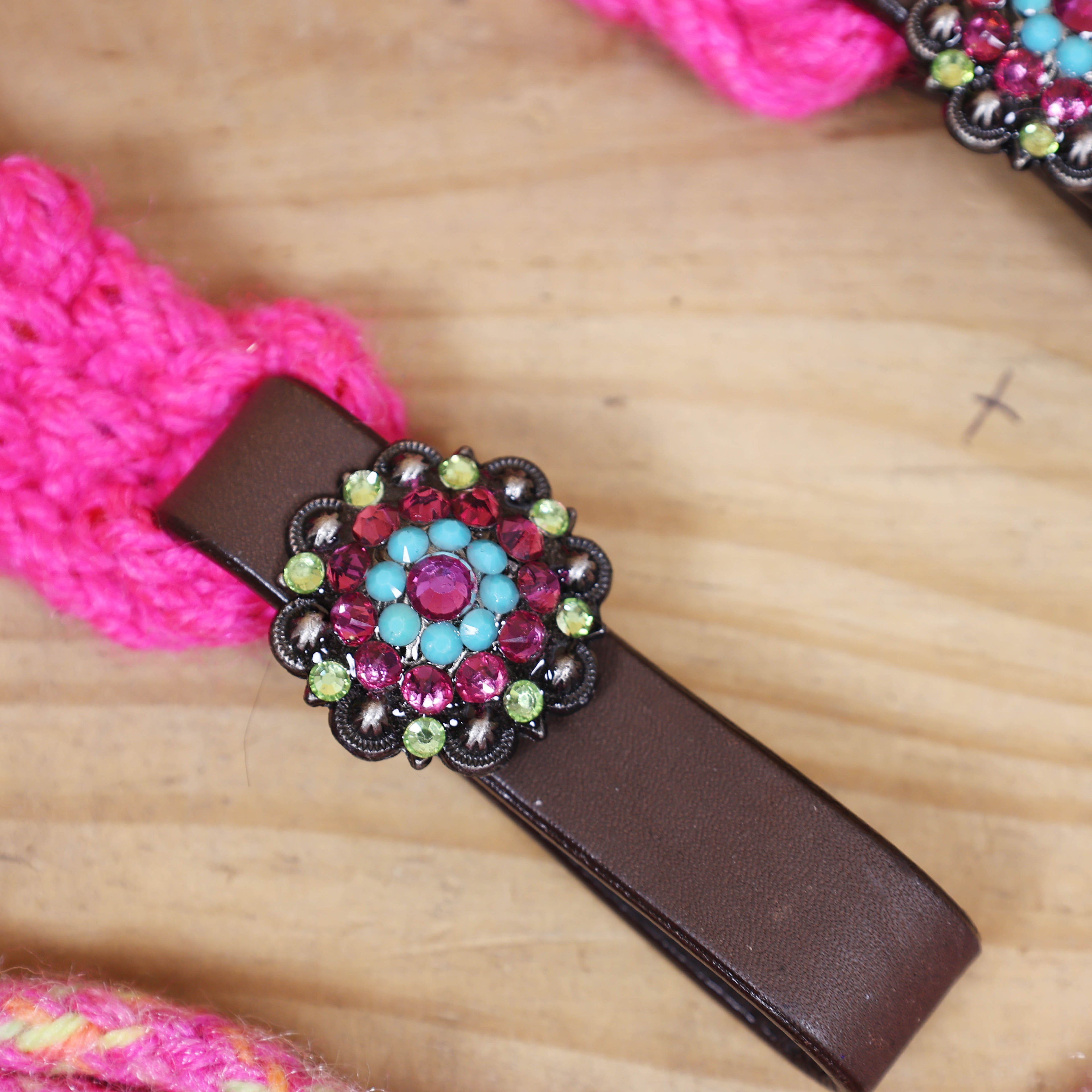 Pink, Teal & Green Mohair Western Headstall Tack Set with 32” Front Girth – Complete 5-Piece Set on Argentina Leather – Antique Copper Hardware – Handcrafted