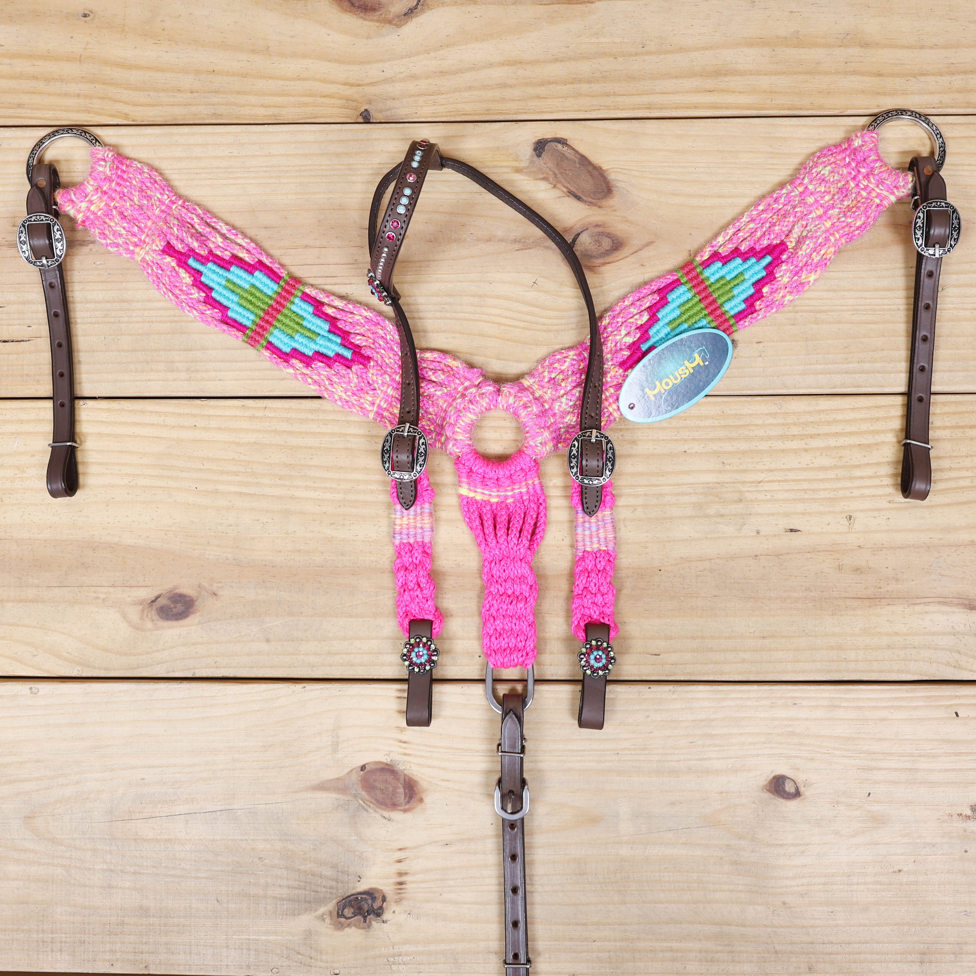 Pink, Teal & Green Mohair Western Headstall Tack Set with 32” Front Girth – Complete 5-Piece Set on Argentina Leather – Antique Copper Hardware – Handcrafted