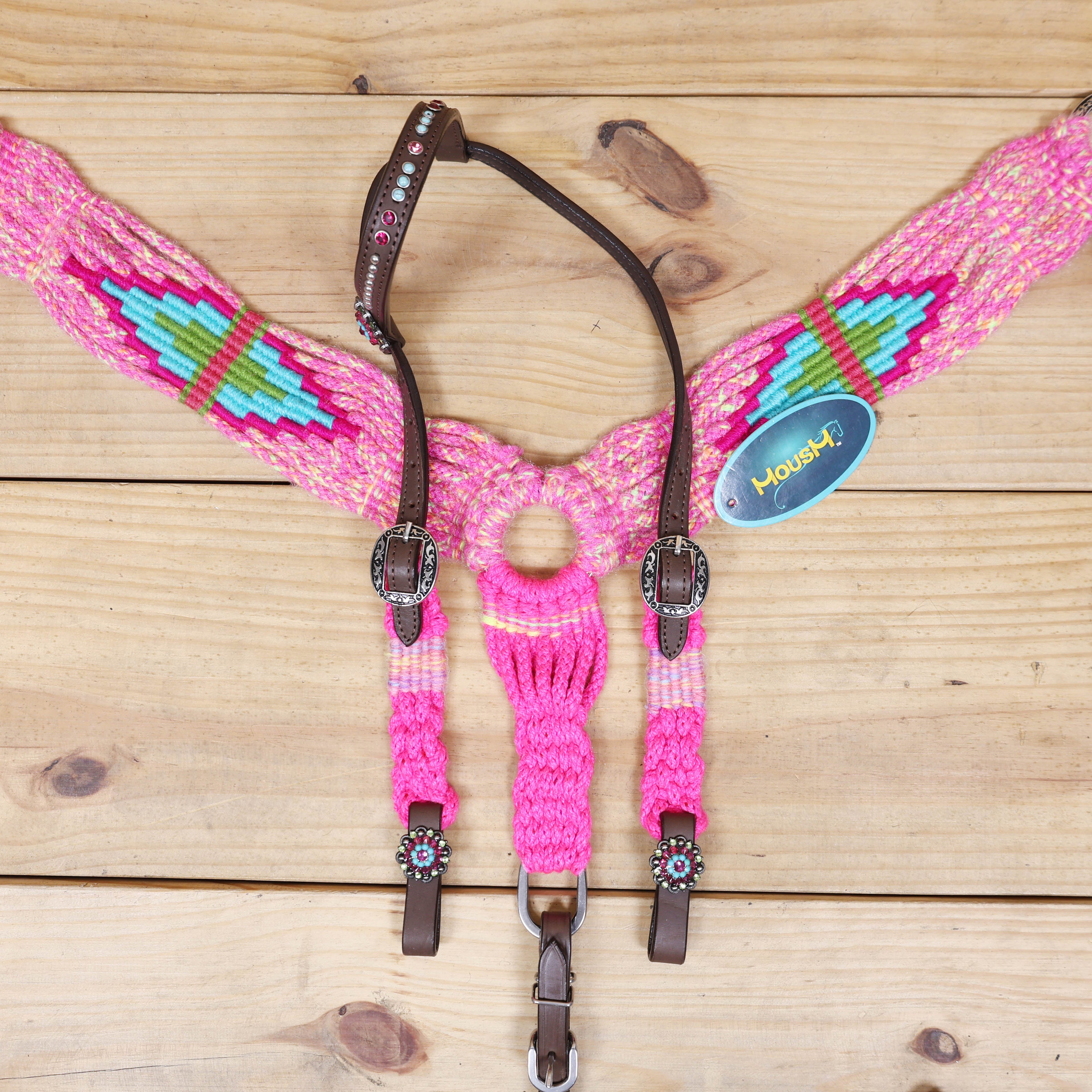 Pink, Teal & Green Mohair Western Headstall Tack Set with 32” Front Girth – Complete 5-Piece Set on Argentina Leather – Antique Copper Hardware – Handcrafted