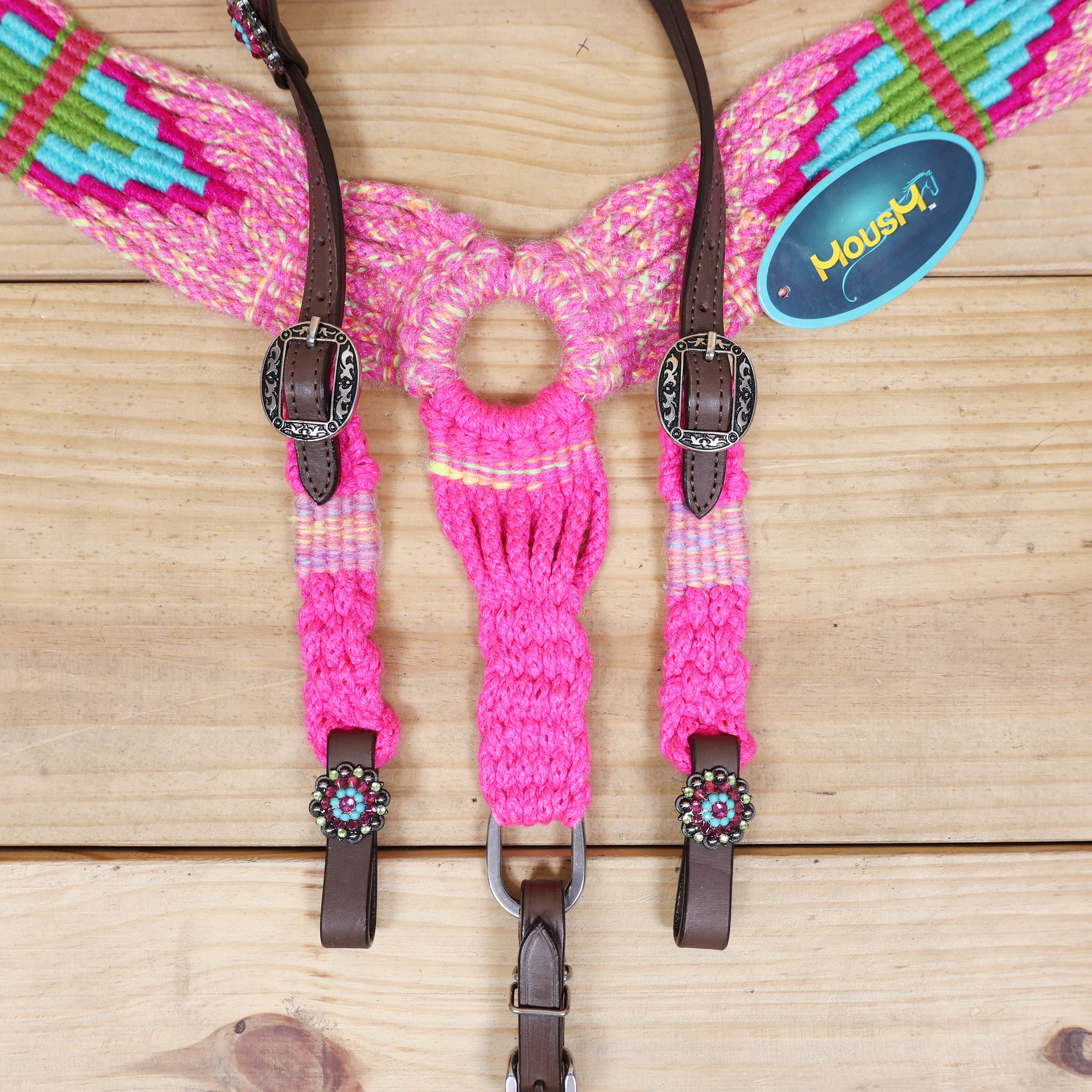 Pink, Teal & Green Mohair Western Headstall Tack Set with 32” Front Girth – Complete 5-Piece Set on Argentina Leather – Antique Copper Hardware – Handcrafted
