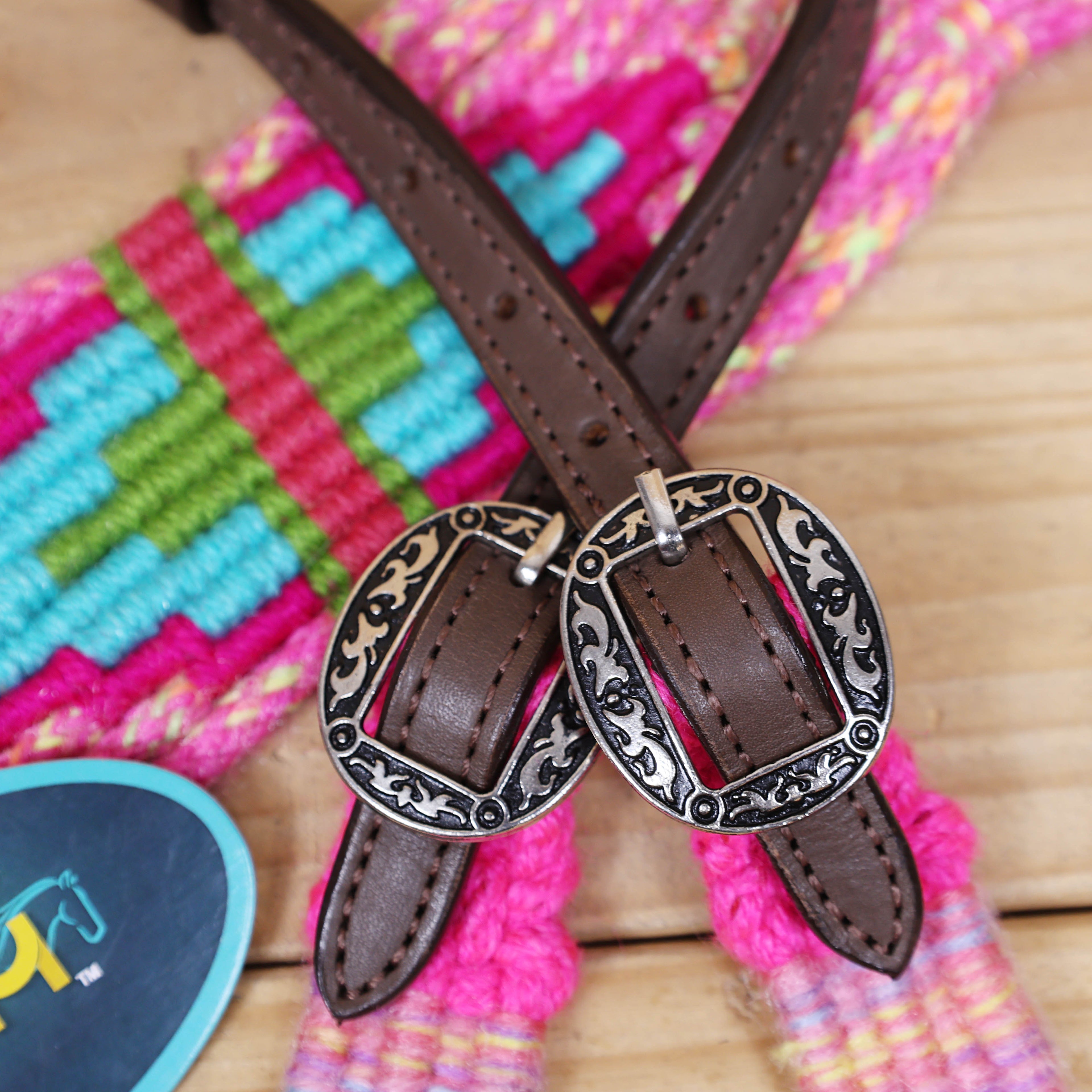 Pink, Teal & Green Mohair Western Headstall Tack Set with 32” Front Girth – Complete 5-Piece Set on Argentina Leather – Antique Copper Hardware – Handcrafted