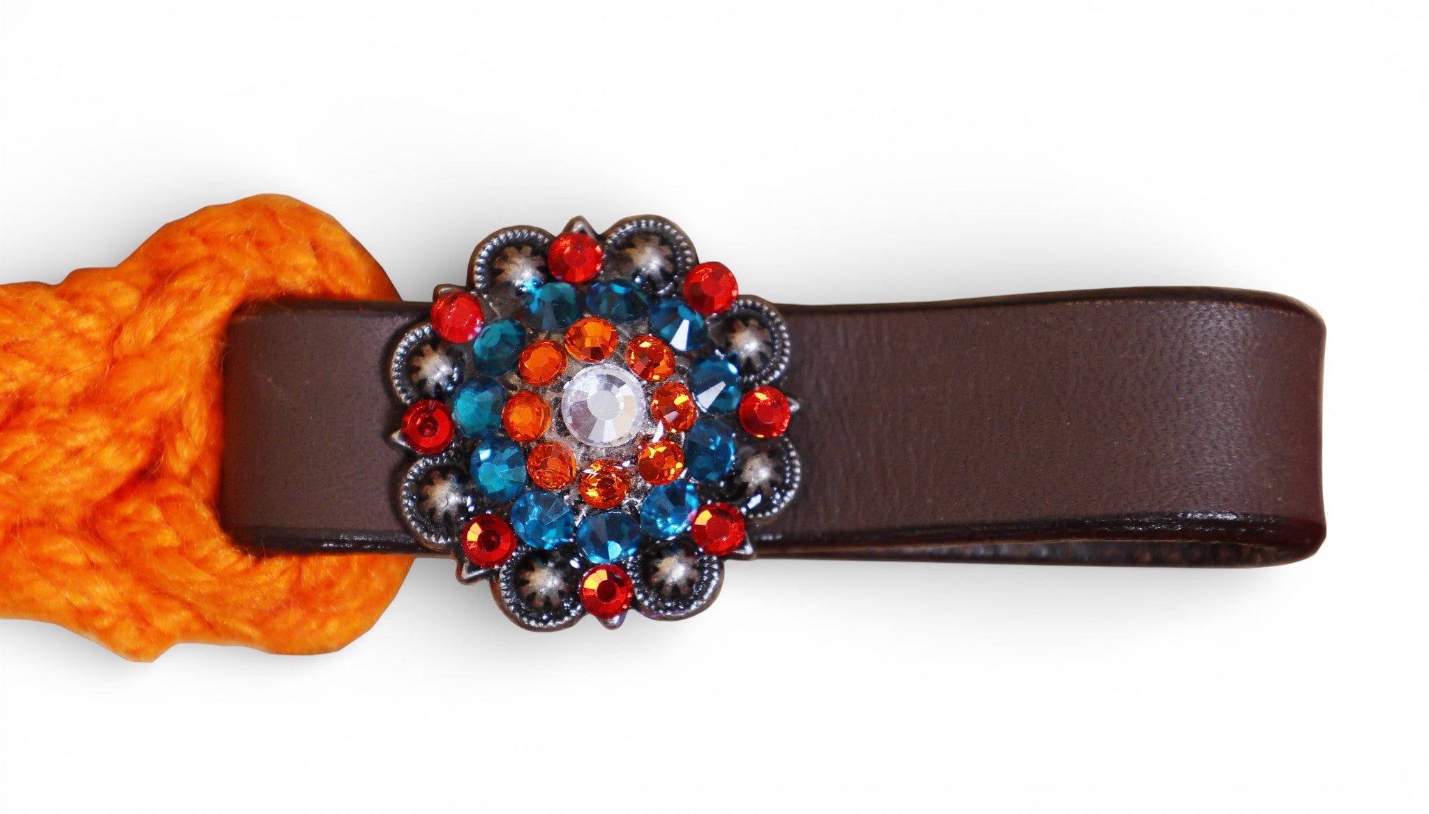 Orange, Blue & Red Mohair Western Headstall Tack Set with 32” Front Girth – Complete 5-Piece Set on Argentina Leather – Antique Copper Hardware – Handcrafted