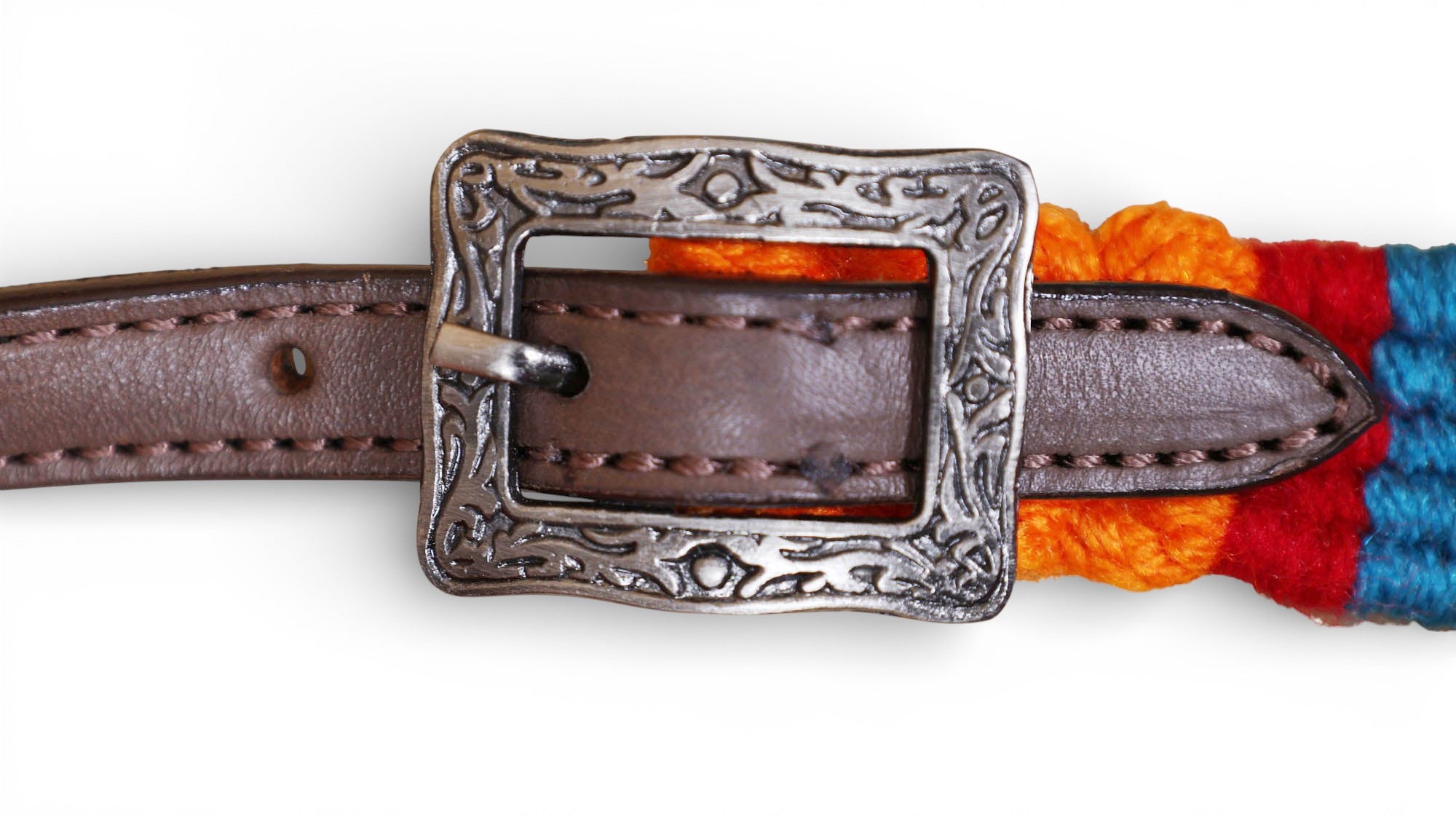 Orange, Blue & Red Mohair Western Headstall Tack Set with 32” Front Girth – Complete 5-Piece Set on Argentina Leather – Antique Copper Hardware – Handcrafted