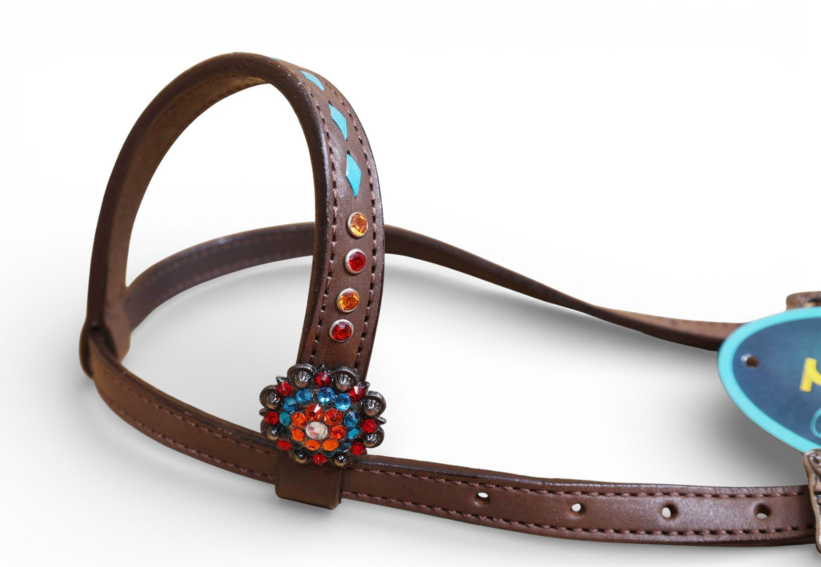 Orange, Blue & Red Mohair Western Headstall Tack Set with 32” Front Girth – Complete 5-Piece Set on Argentina Leather – Antique Copper Hardware – Handcrafted