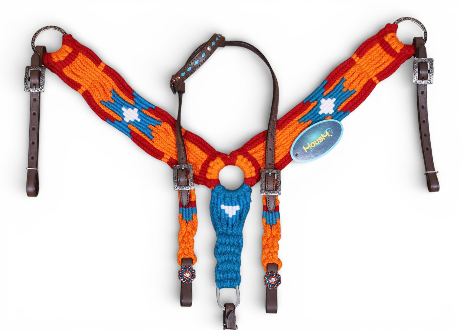 Orange, Blue & Red Mohair Western Headstall Tack Set with 32” Front Girth – Complete 5-Piece Set on Argentina Leather – Antique Copper Hardware – Handcrafted