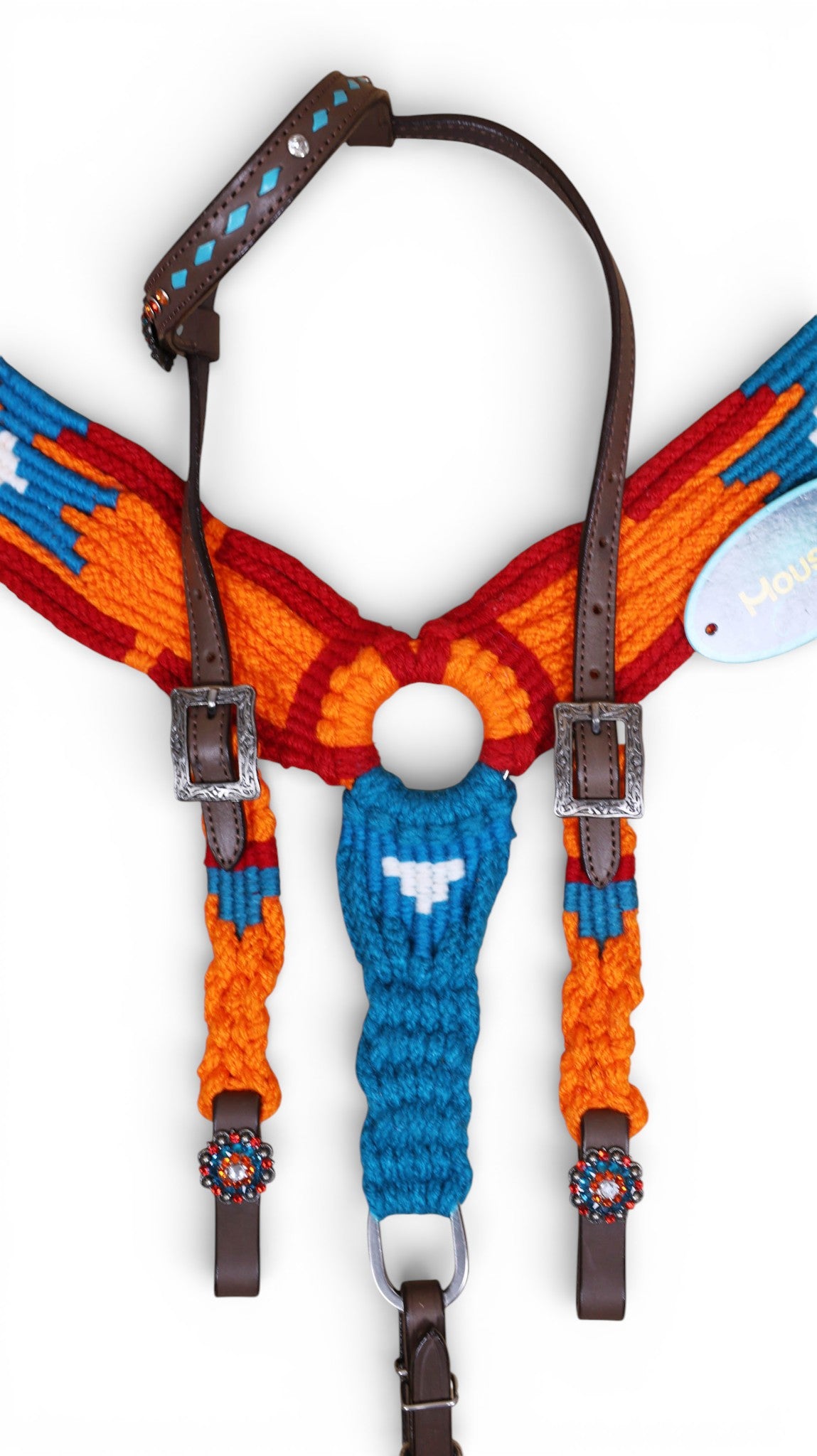 Orange, Blue & Red Mohair Western Headstall Tack Set with 32” Front Girth – Complete 5-Piece Set on Argentina Leather – Antique Copper Hardware – Handcrafted