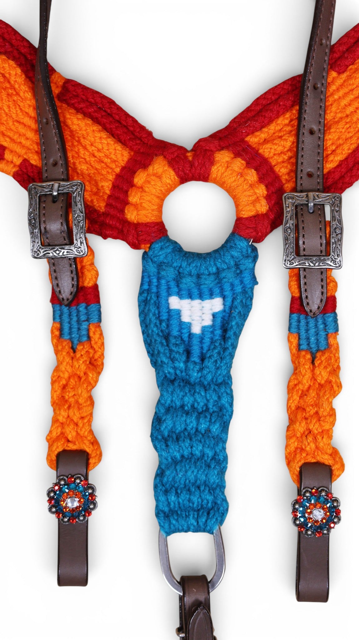 Orange, Blue & Red Mohair Western Headstall Tack Set with 32” Front Girth – Complete 5-Piece Set on Argentina Leather – Antique Copper Hardware – Handcrafted