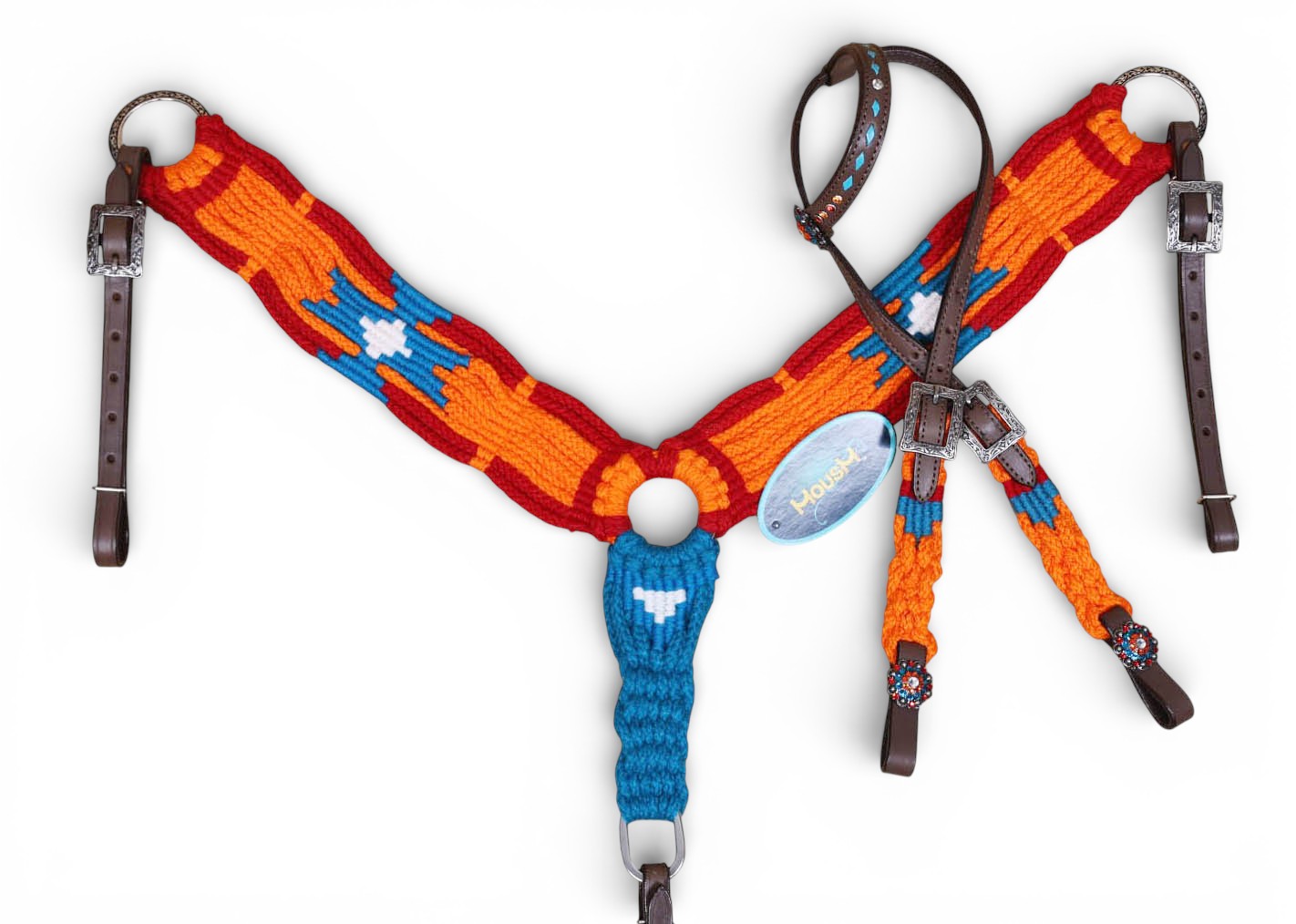 Orange, Blue & Red Mohair Western Headstall Tack Set with 32” Front Girth – Complete 5-Piece Set on Argentina Leather – Antique Copper Hardware – Handcrafted