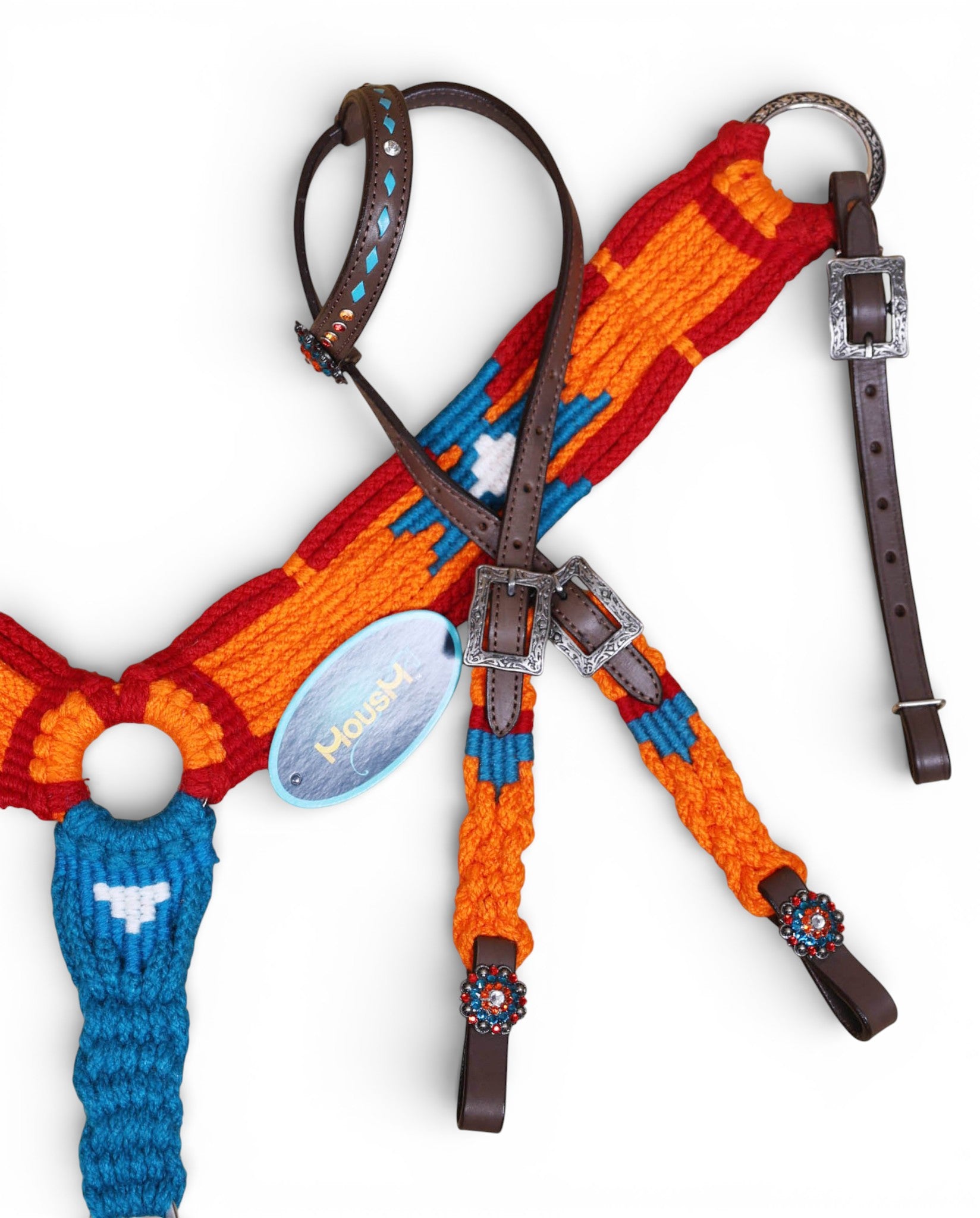 Orange, Blue & Red Mohair Western Headstall Tack Set with 32” Front Girth – Complete 5-Piece Set on Argentina Leather – Antique Copper Hardware – Handcrafted