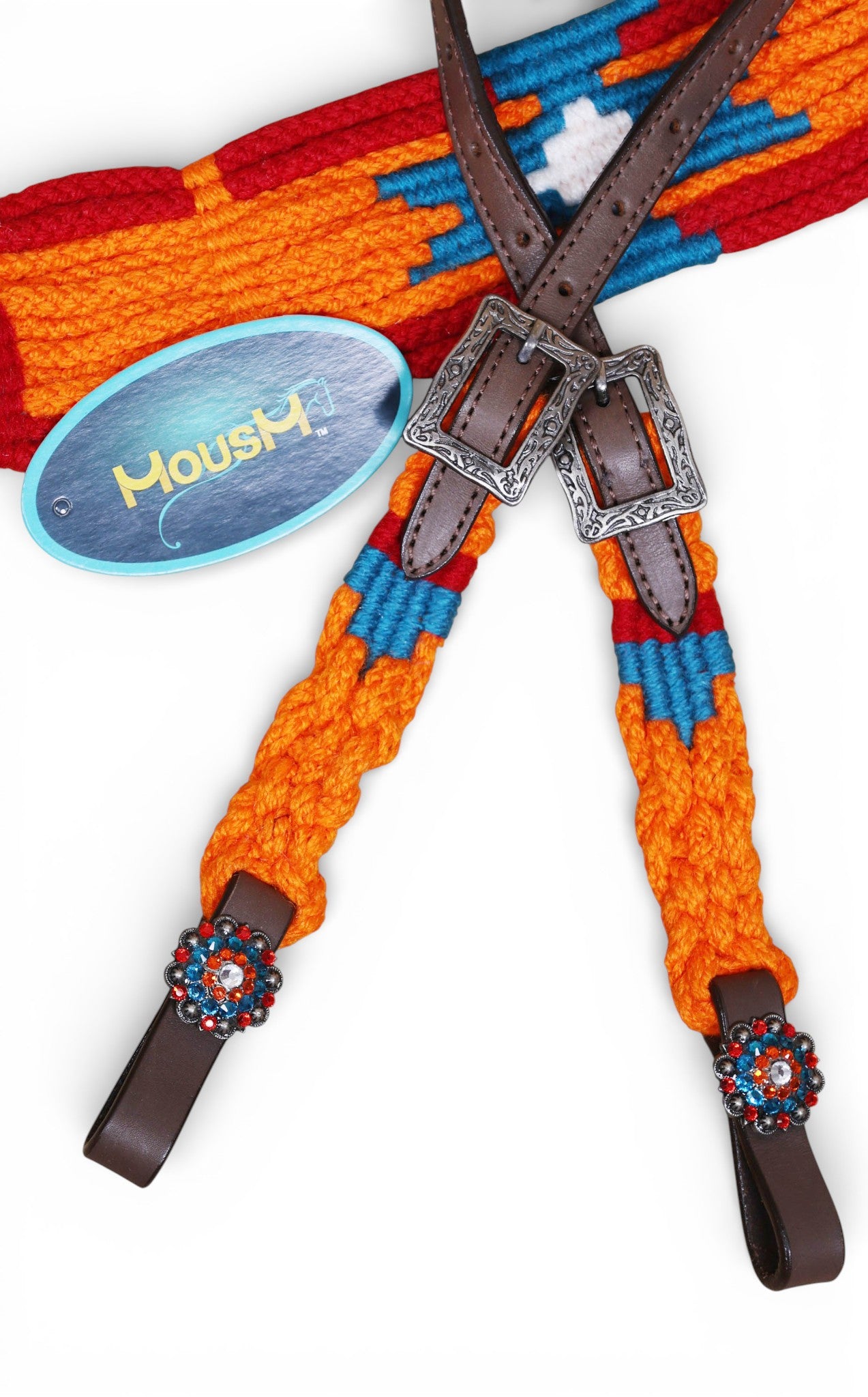 Orange, Blue & Red Mohair Western Headstall Tack Set with 32” Front Girth – Complete 5-Piece Set on Argentina Leather – Antique Copper Hardware – Handcrafted