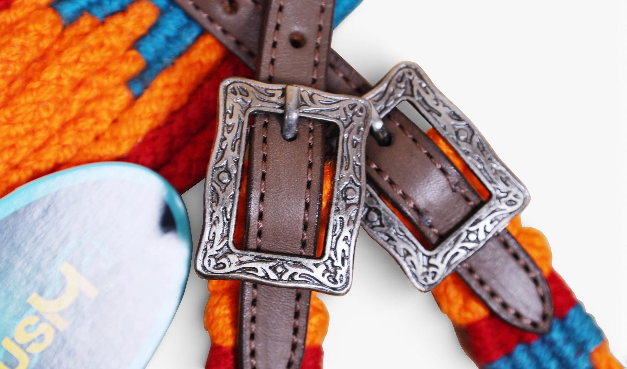 Orange, Blue & Red Mohair Western Headstall Tack Set with 32” Front Girth – Complete 5-Piece Set on Argentina Leather – Antique Copper Hardware – Handcrafted