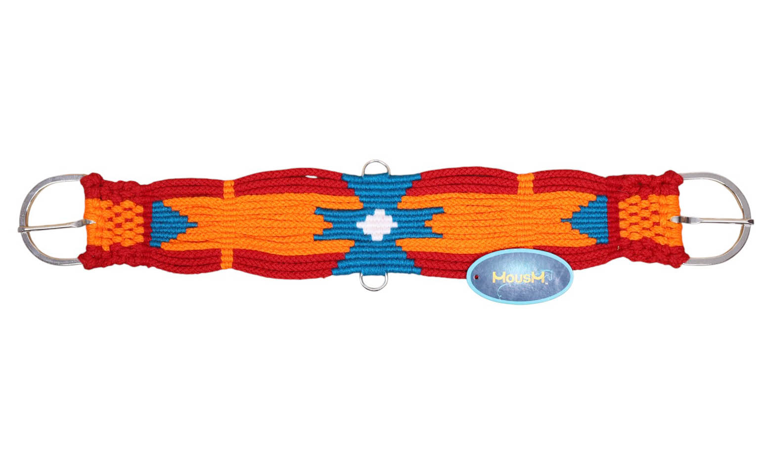 Orange, Blue & Red Mohair Western Headstall Tack Set with 32” Front Girth – Complete 5-Piece Set on Argentina Leather – Antique Copper Hardware – Handcrafted