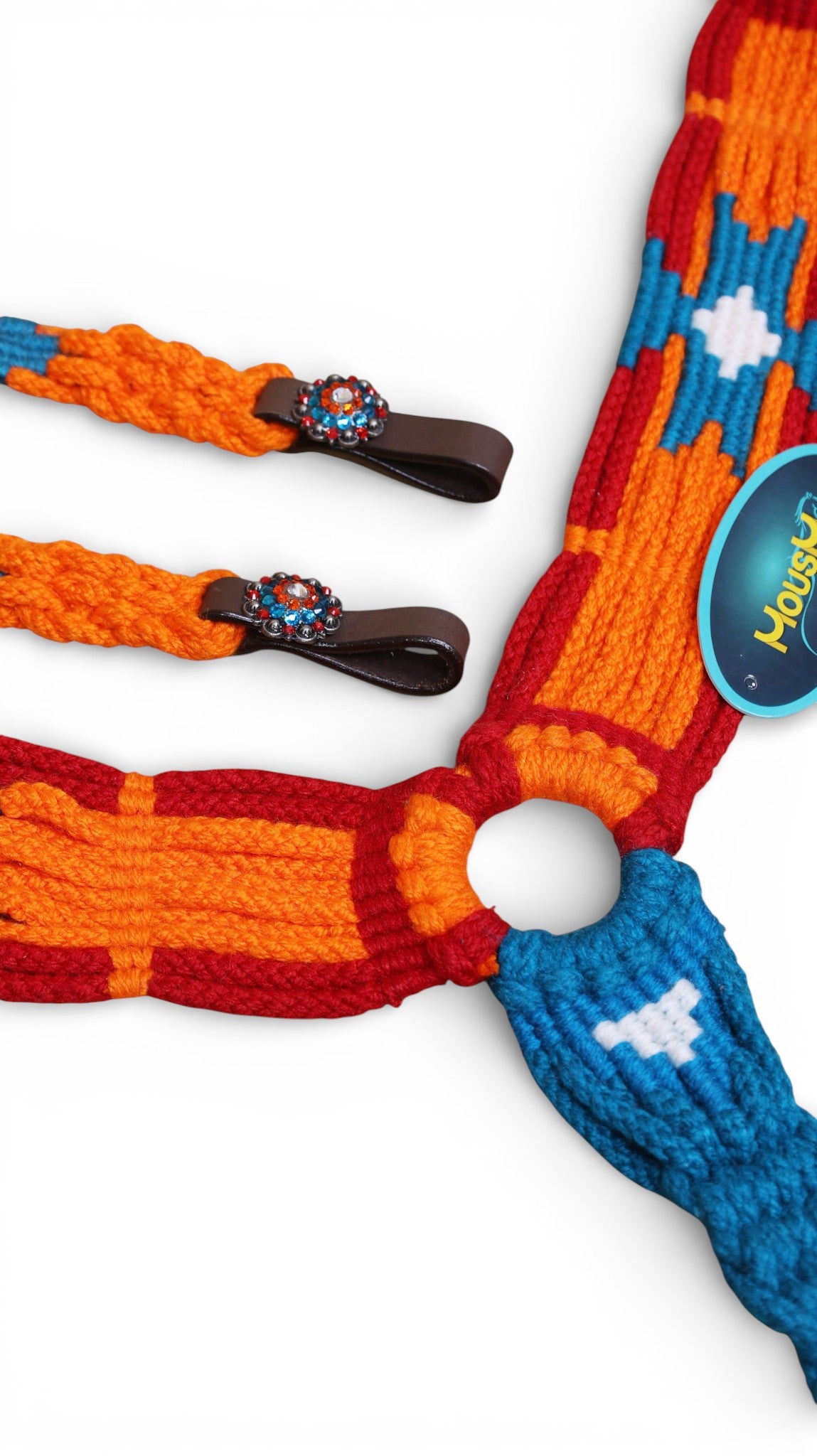 Orange, Blue & Red Mohair Western Headstall Tack Set with 32” Front Girth – Complete 5-Piece Set on Argentina Leather – Antique Copper Hardware – Handcrafted