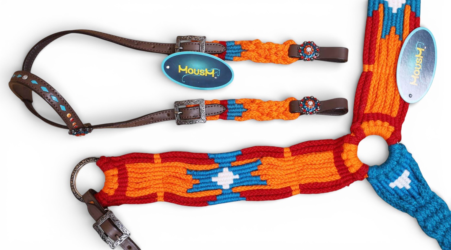 Orange, Blue & Red Mohair Western Headstall Tack Set with 32” Front Girth – Complete 5-Piece Set on Argentina Leather – Antique Copper Hardware – Handcrafted