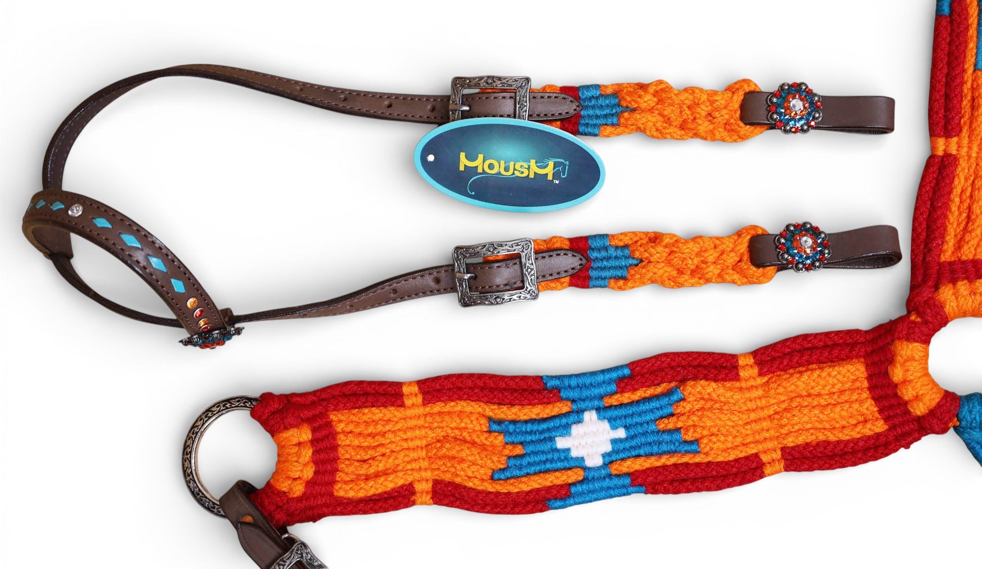 Orange, Blue & Red Mohair Western Headstall Tack Set with 32” Front Girth – Complete 5-Piece Set on Argentina Leather – Antique Copper Hardware – Handcrafted