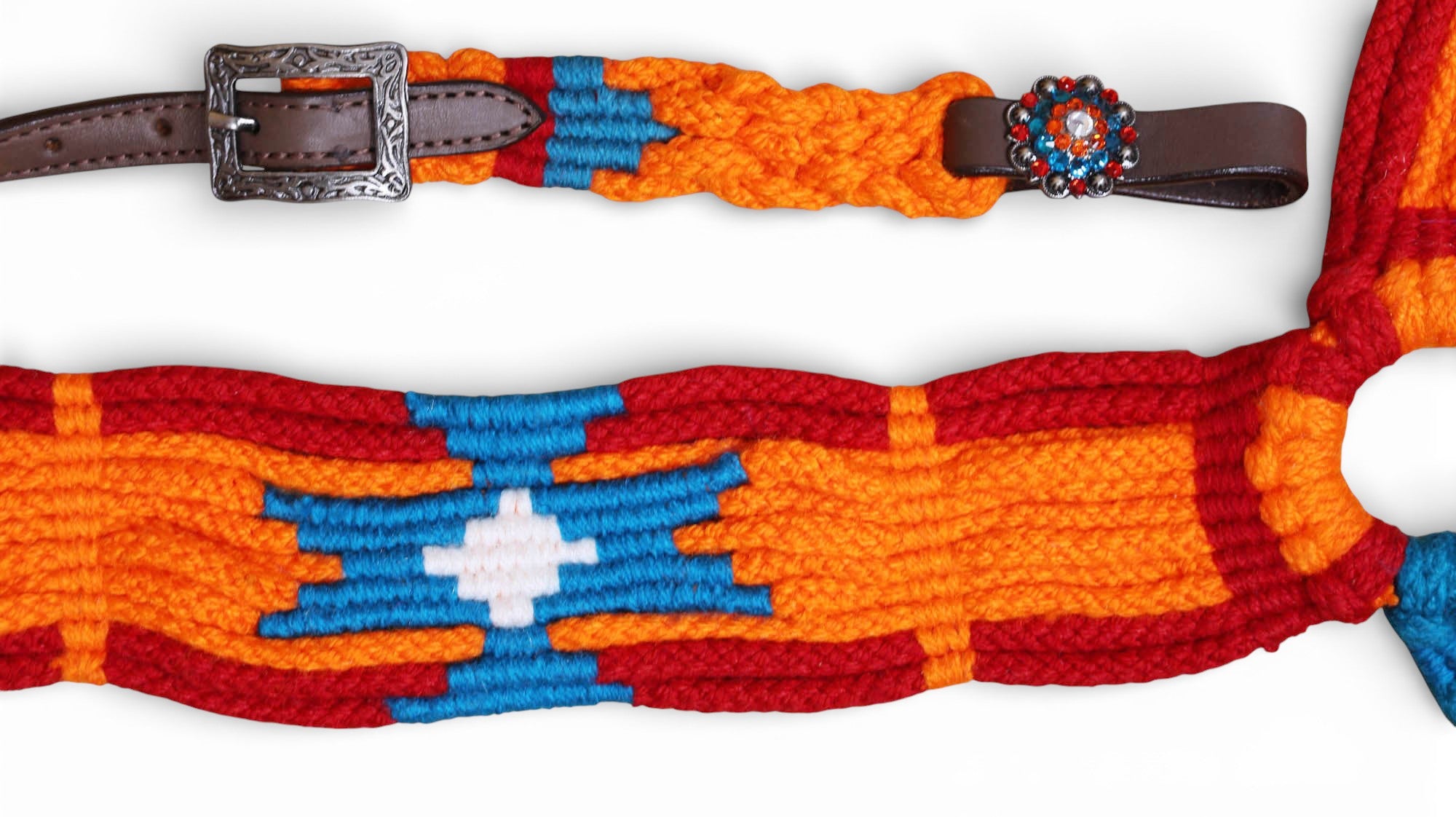 Orange, Blue & Red Mohair Western Headstall Tack Set with 32” Front Girth – Complete 5-Piece Set on Argentina Leather – Antique Copper Hardware – Handcrafted