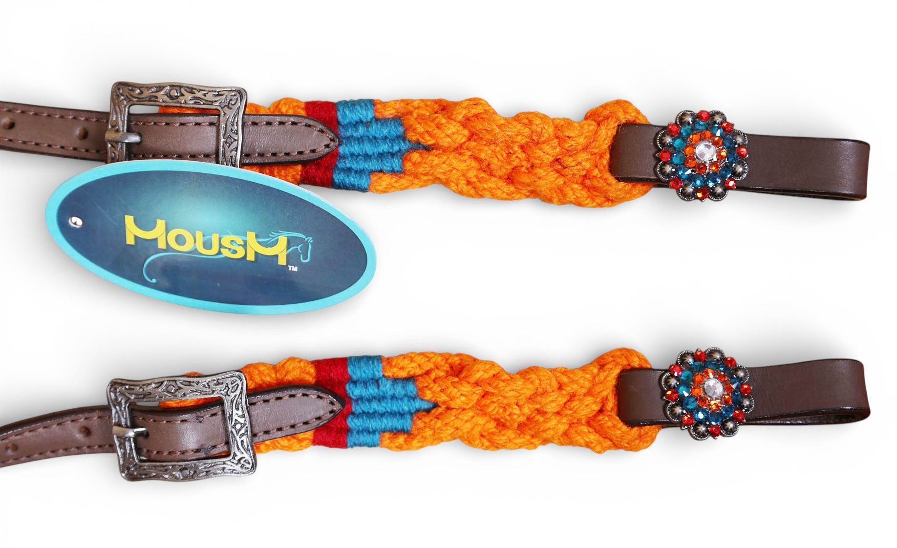 Orange, Blue & Red Mohair Western Headstall Tack Set with 32” Front Girth – Complete 5-Piece Set on Argentina Leather – Antique Copper Hardware – Handcrafted