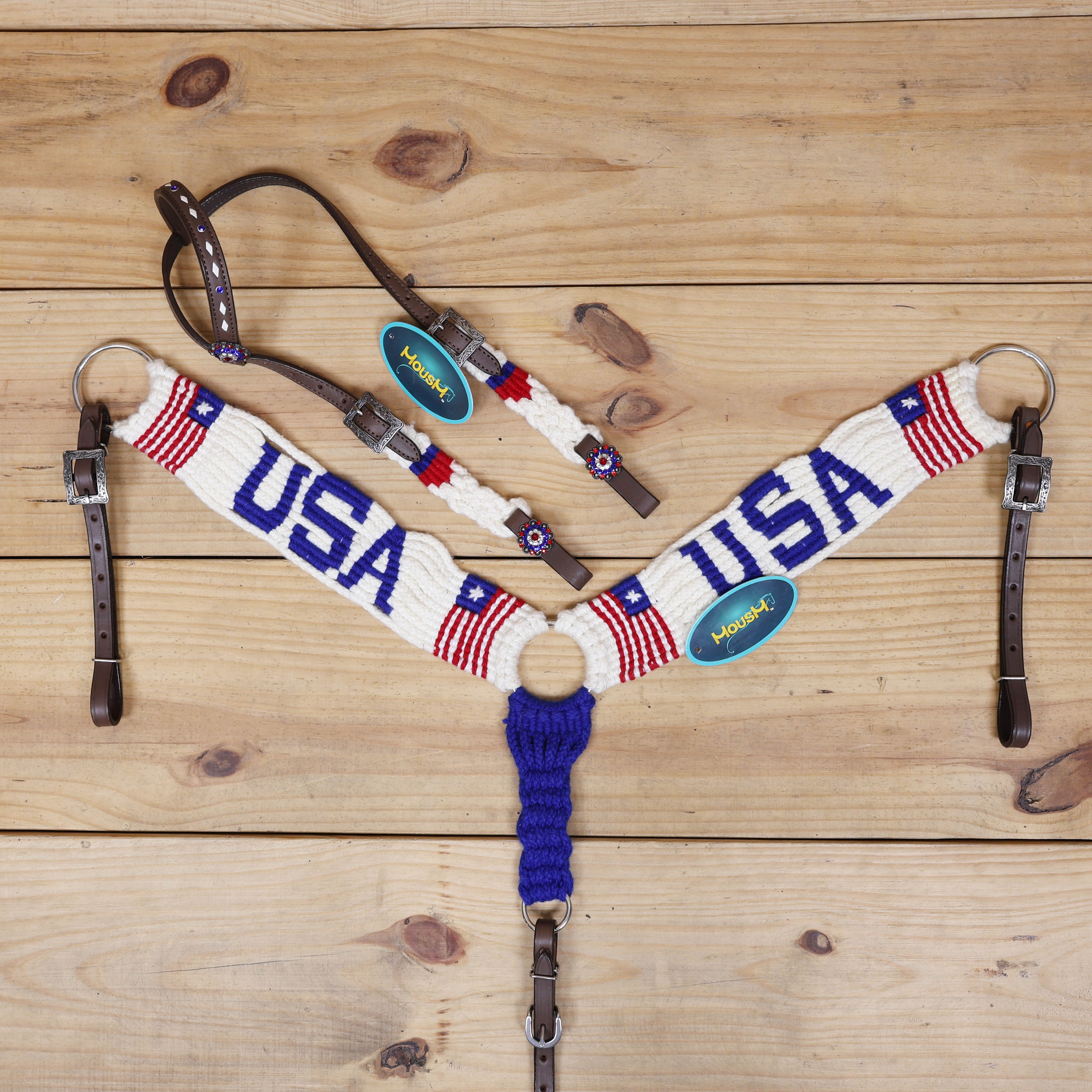 USA Braided American Flag Mohair Western Headstall Tack Set with 32” Front Girth – Red, White & Blue on Argentina Leather – Complete 5-Piece Set – Antique Copper Hardware – Handcrafted