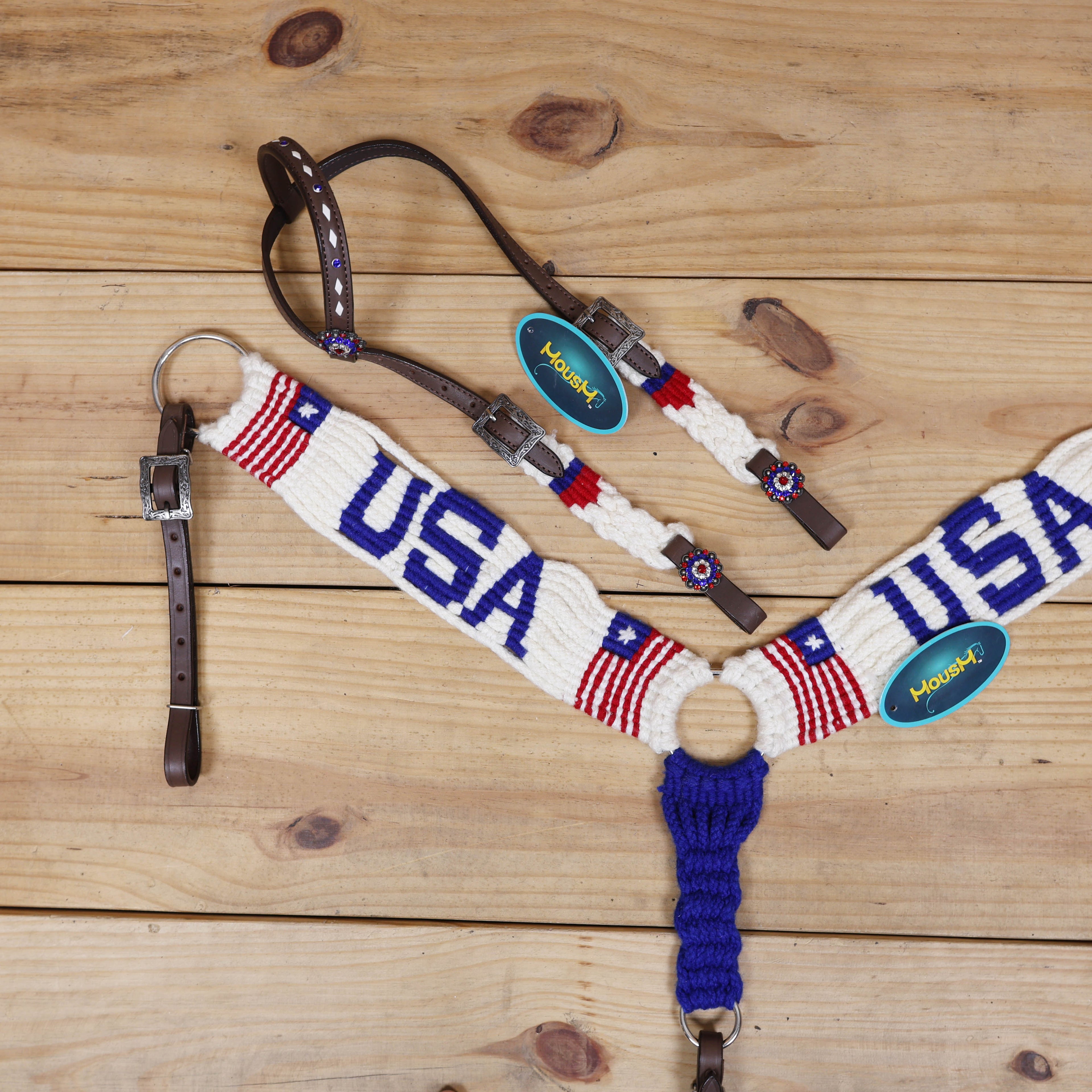 USA Braided American Flag Mohair Western Headstall Tack Set with 32” Front Girth – Red, White & Blue on Argentina Leather – Complete 5-Piece Set – Antique Copper Hardware – Handcrafted