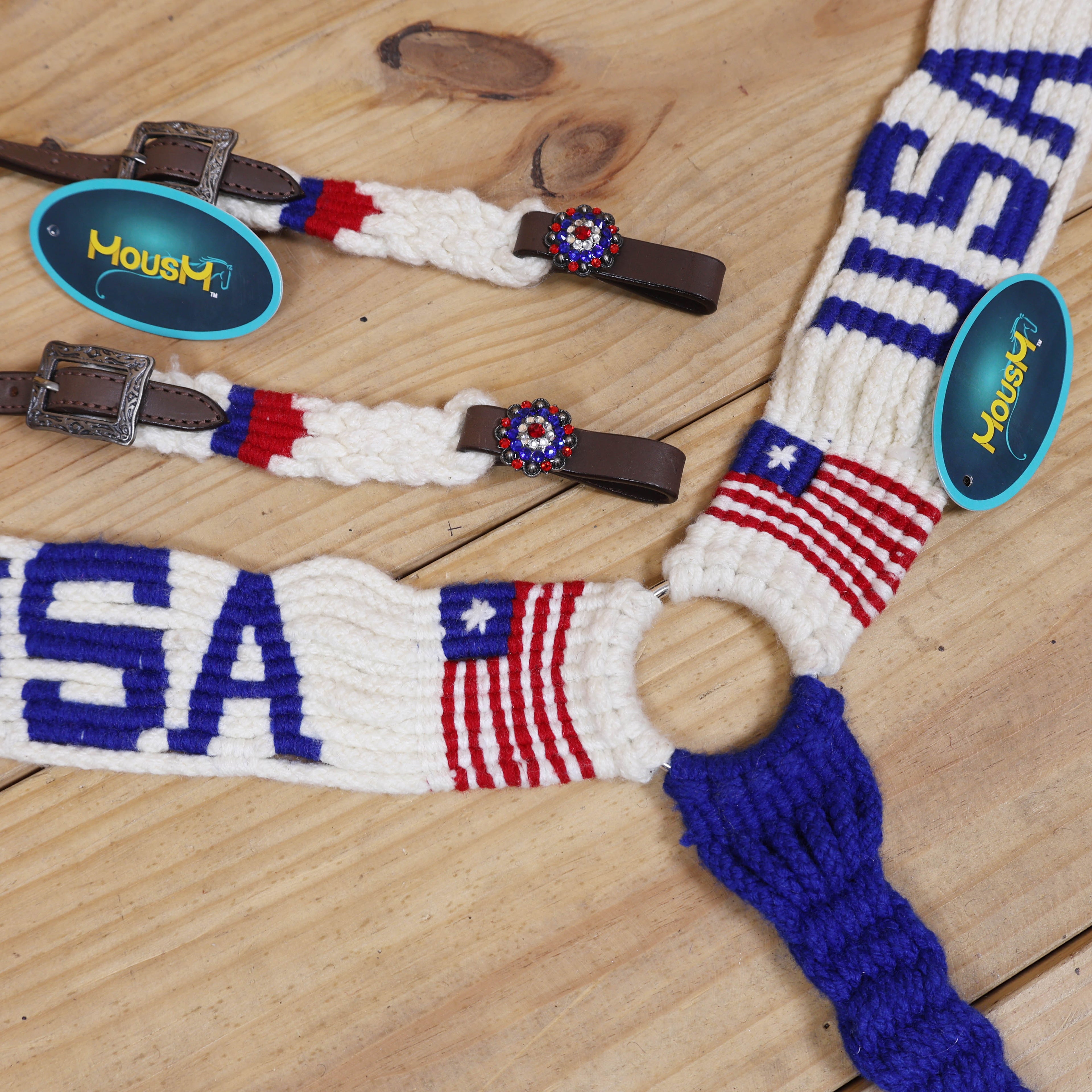 USA Braided American Flag Mohair Western Headstall Tack Set with 32” Front Girth – Red, White & Blue on Argentina Leather – Complete 5-Piece Set – Antique Copper Hardware – Handcrafted