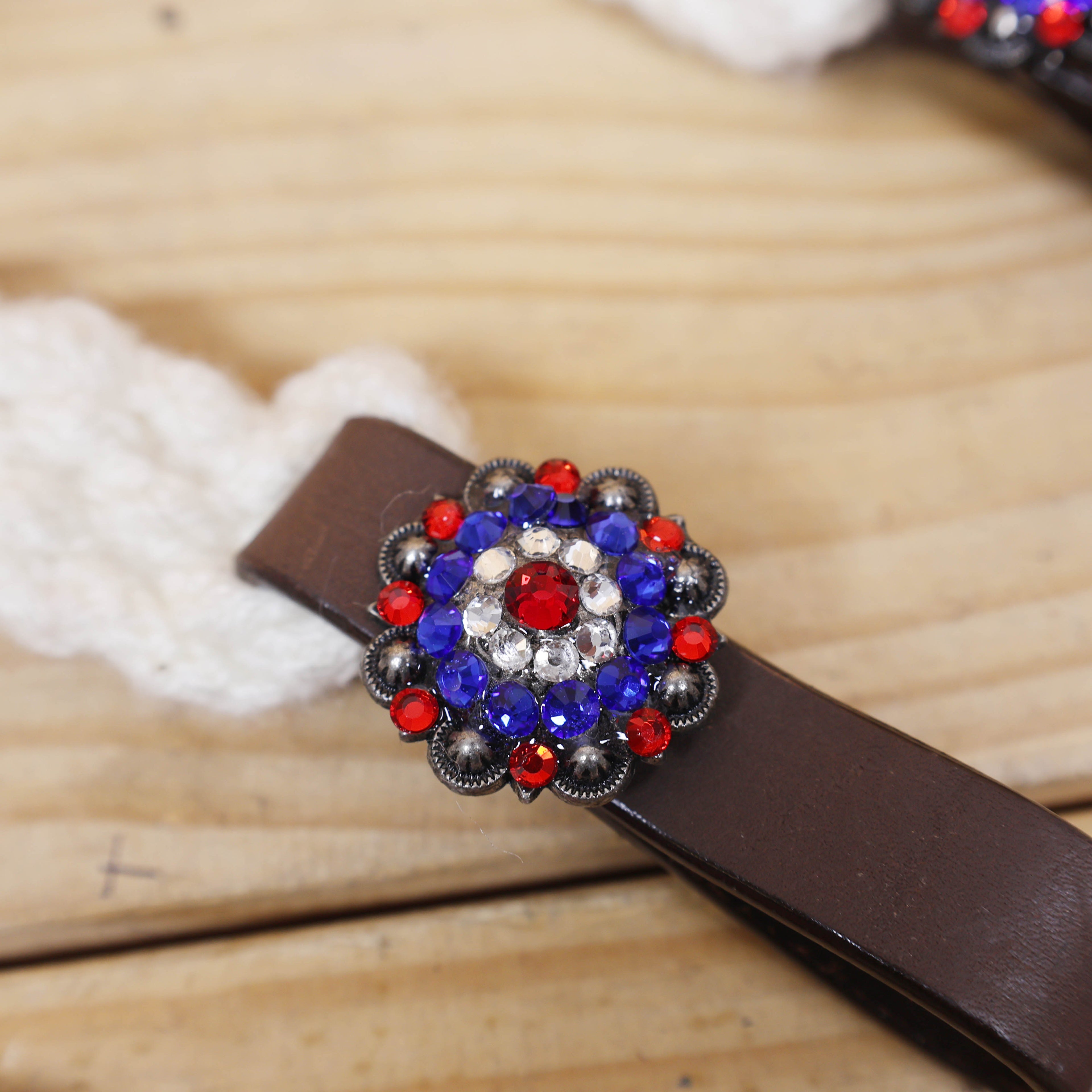USA Braided American Flag Mohair Western Headstall Tack Set with 32” Front Girth – Red, White & Blue on Argentina Leather – Complete 5-Piece Set – Antique Copper Hardware – Handcrafted
