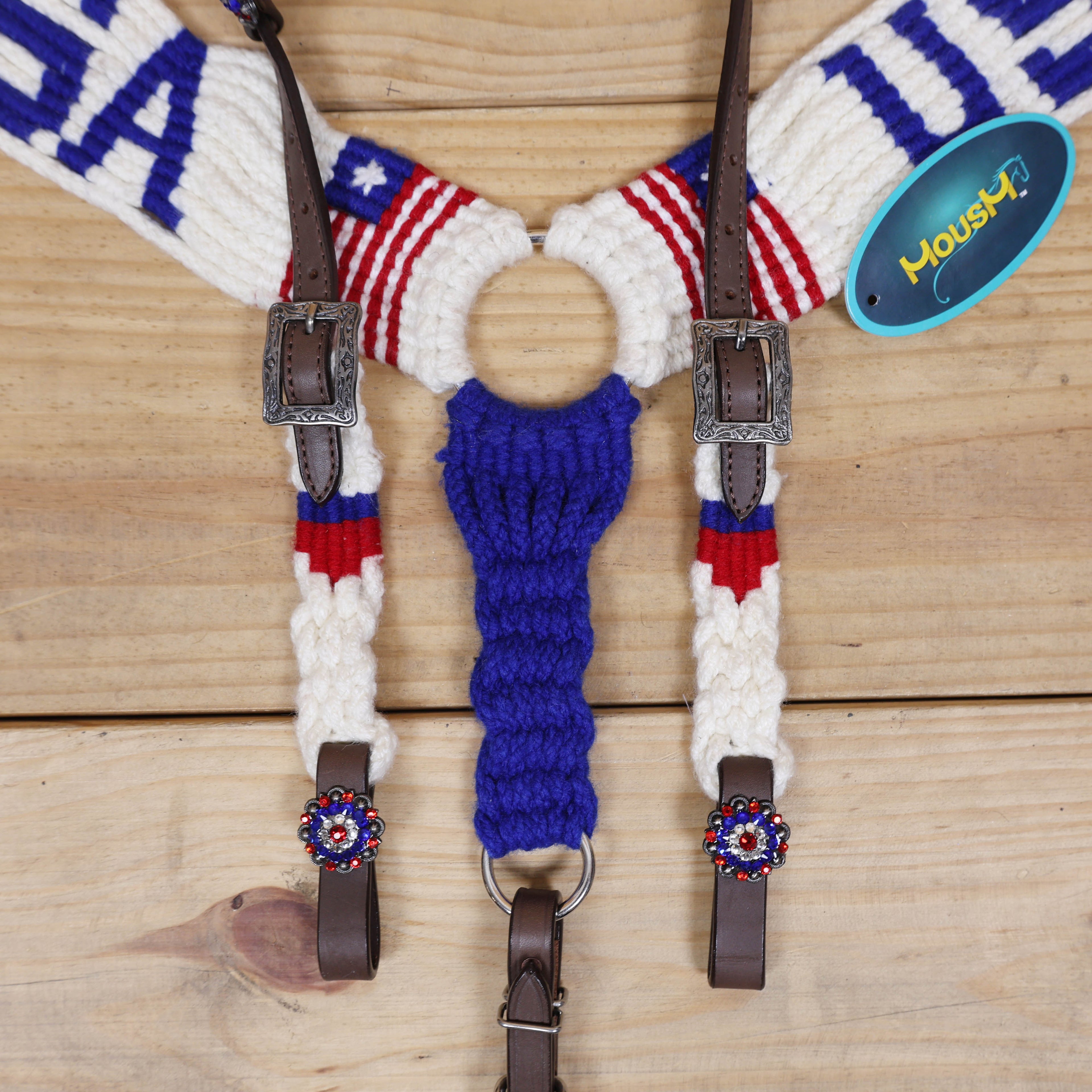 USA Braided American Flag Mohair Western Headstall Tack Set with 32” Front Girth – Red, White & Blue on Argentina Leather – Complete 5-Piece Set – Antique Copper Hardware – Handcrafted