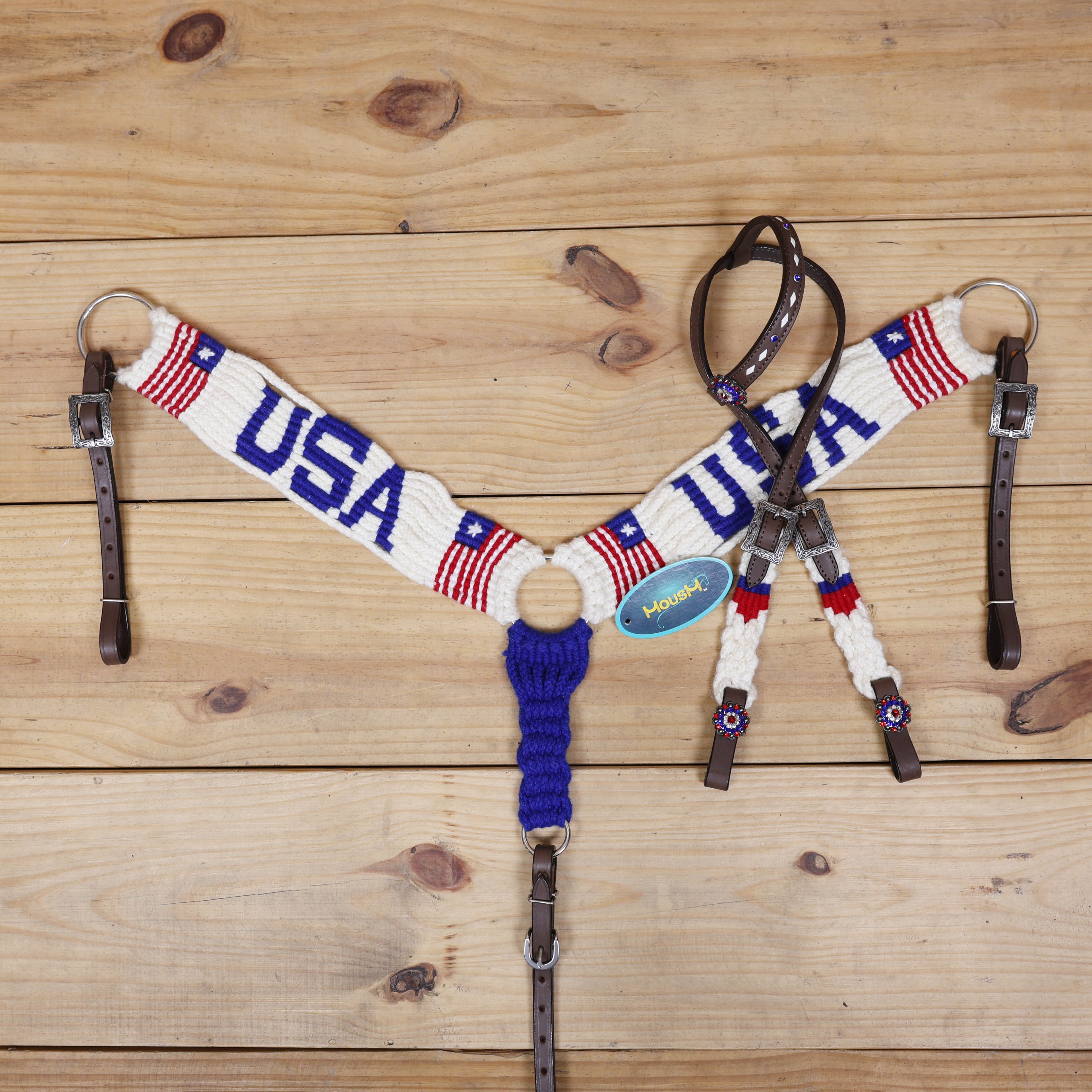 USA Braided American Flag Mohair Western Headstall Tack Set with 32” Front Girth – Red, White & Blue on Argentina Leather – Complete 5-Piece Set – Antique Copper Hardware – Handcrafted