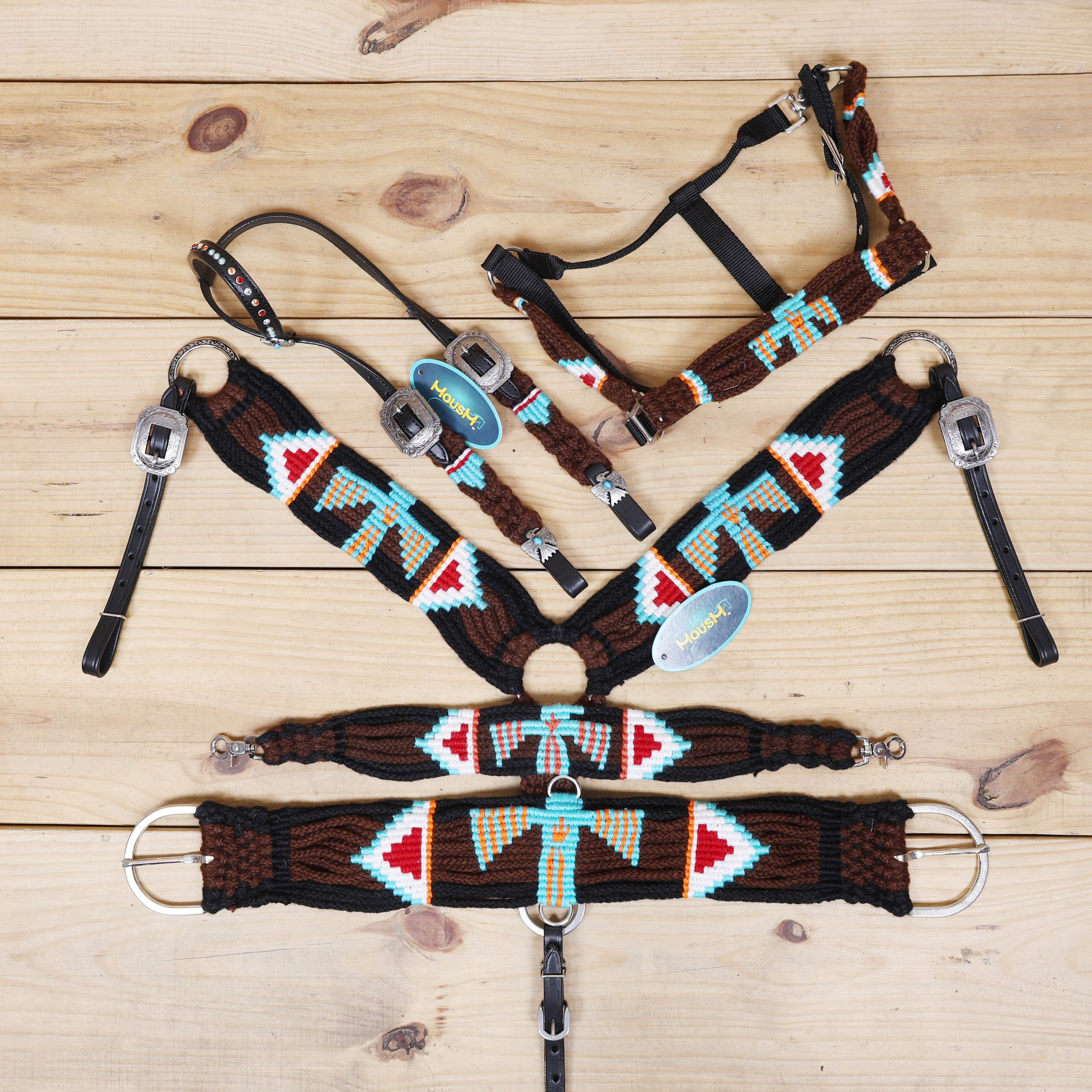 Thunder Bird Mohair Western Headstall Tack Set with 32” Front Girth – Brown, Black, Teal & Red – Complete 5-Piece Set on Argentina Leather – Antique Copper Hardware – Handcrafted
