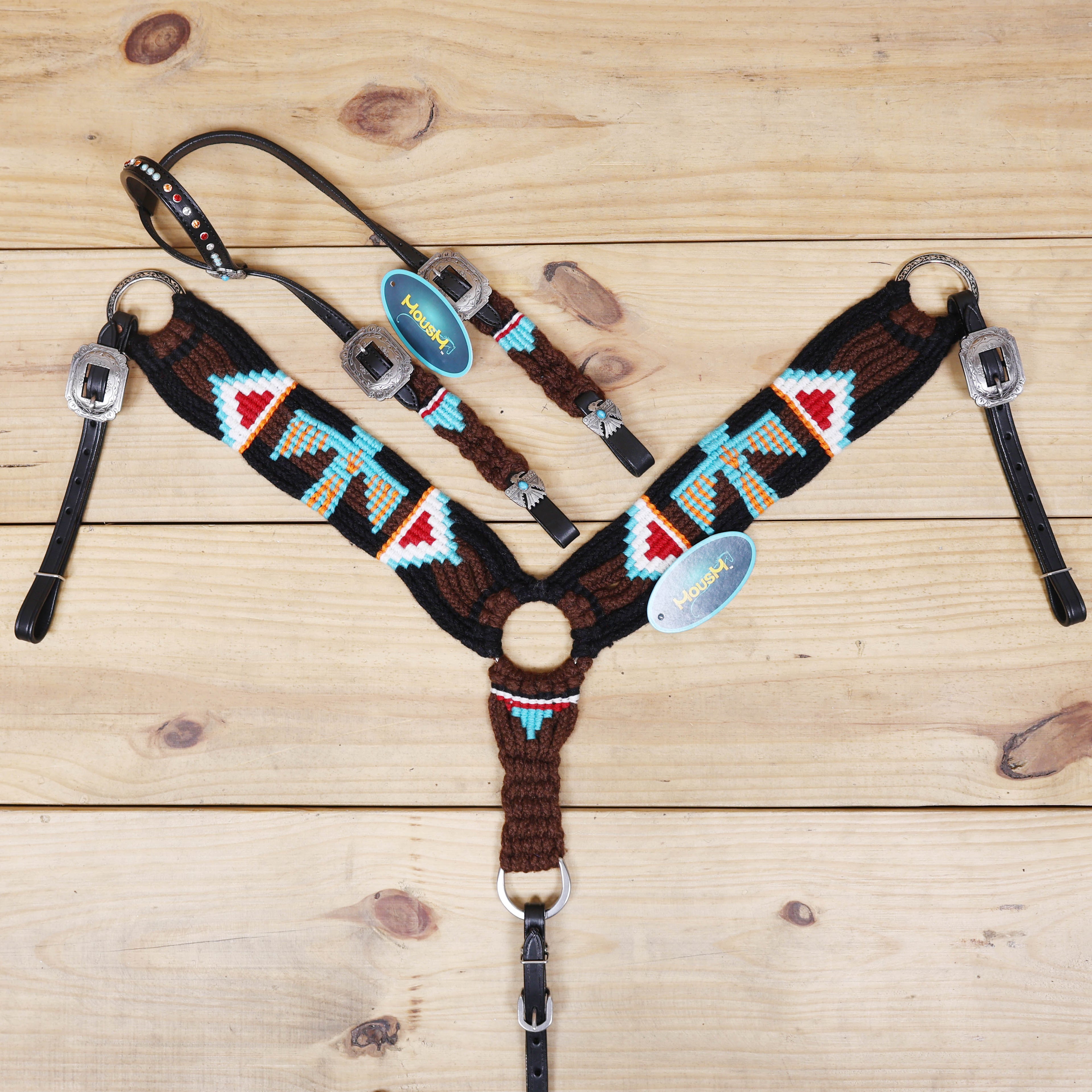 Thunder Bird Mohair Western Headstall Tack Set with 32” Front Girth – Brown, Black, Teal & Red – Complete 5-Piece Set on Argentina Leather – Antique Copper Hardware – Handcrafted