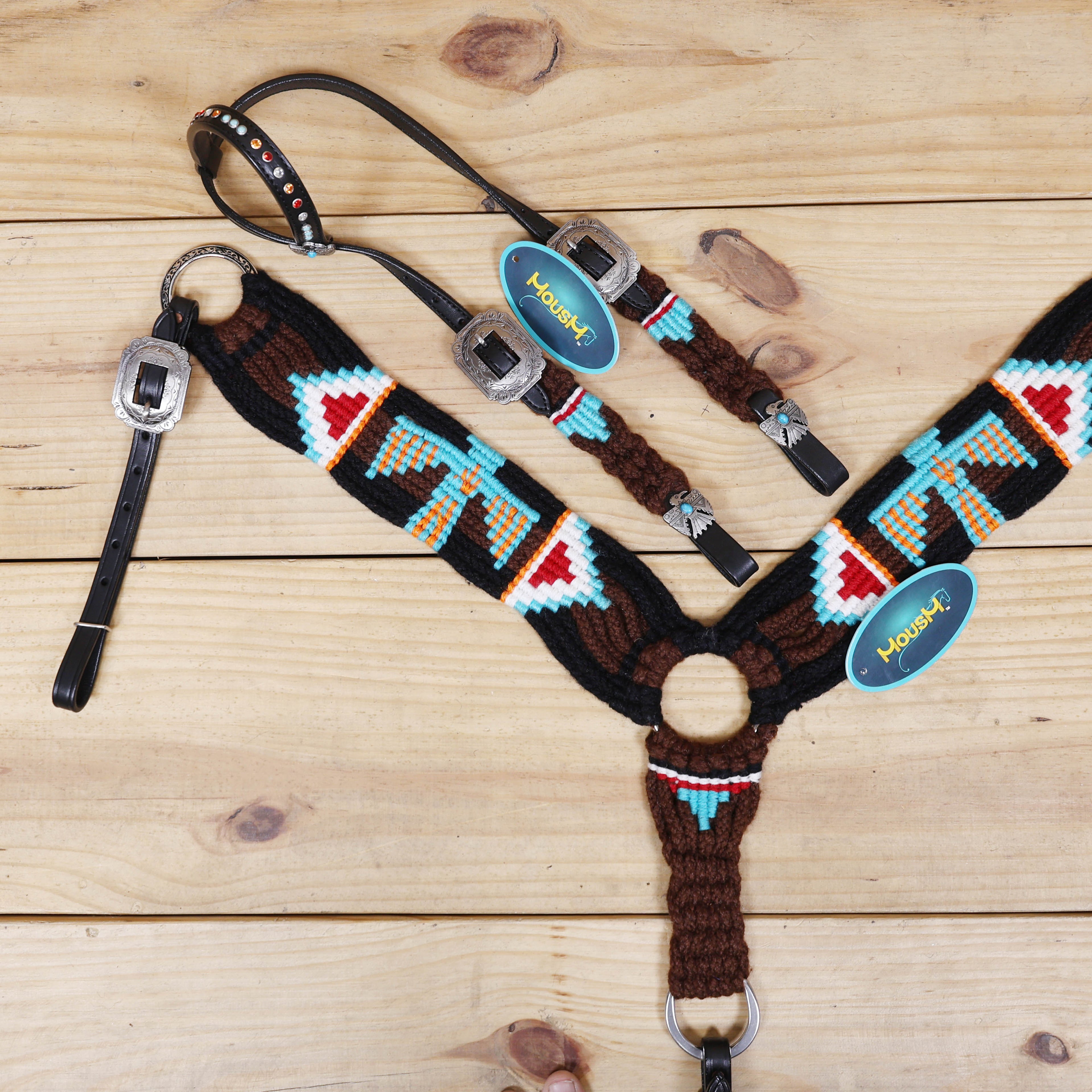 Thunder Bird Mohair Western Headstall Tack Set with 32” Front Girth – Brown, Black, Teal & Red – Complete 5-Piece Set on Argentina Leather – Antique Copper Hardware – Handcrafted