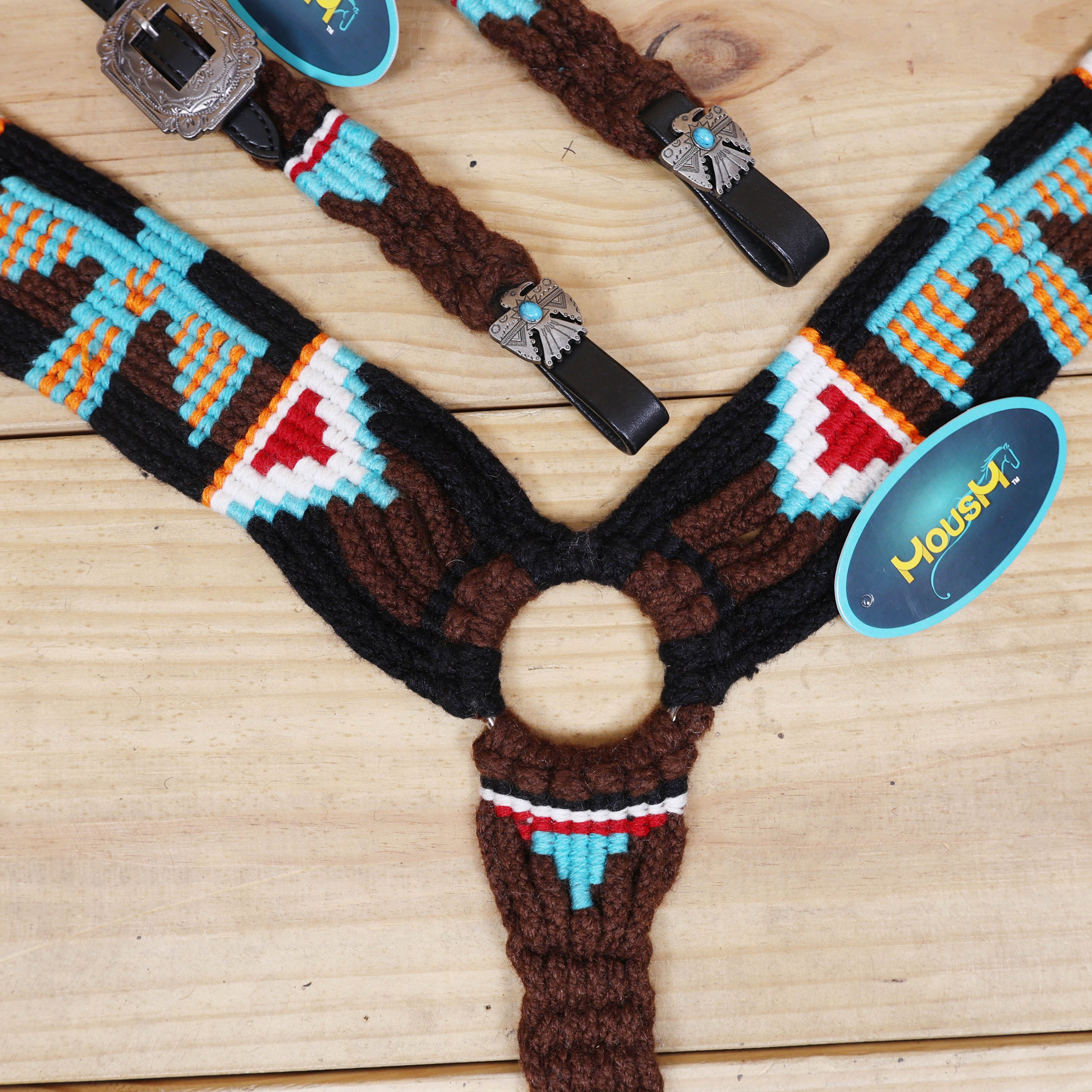 Thunder Bird Mohair Western Headstall Tack Set with 32” Front Girth – Brown, Black, Teal & Red – Complete 5-Piece Set on Argentina Leather – Antique Copper Hardware – Handcrafted