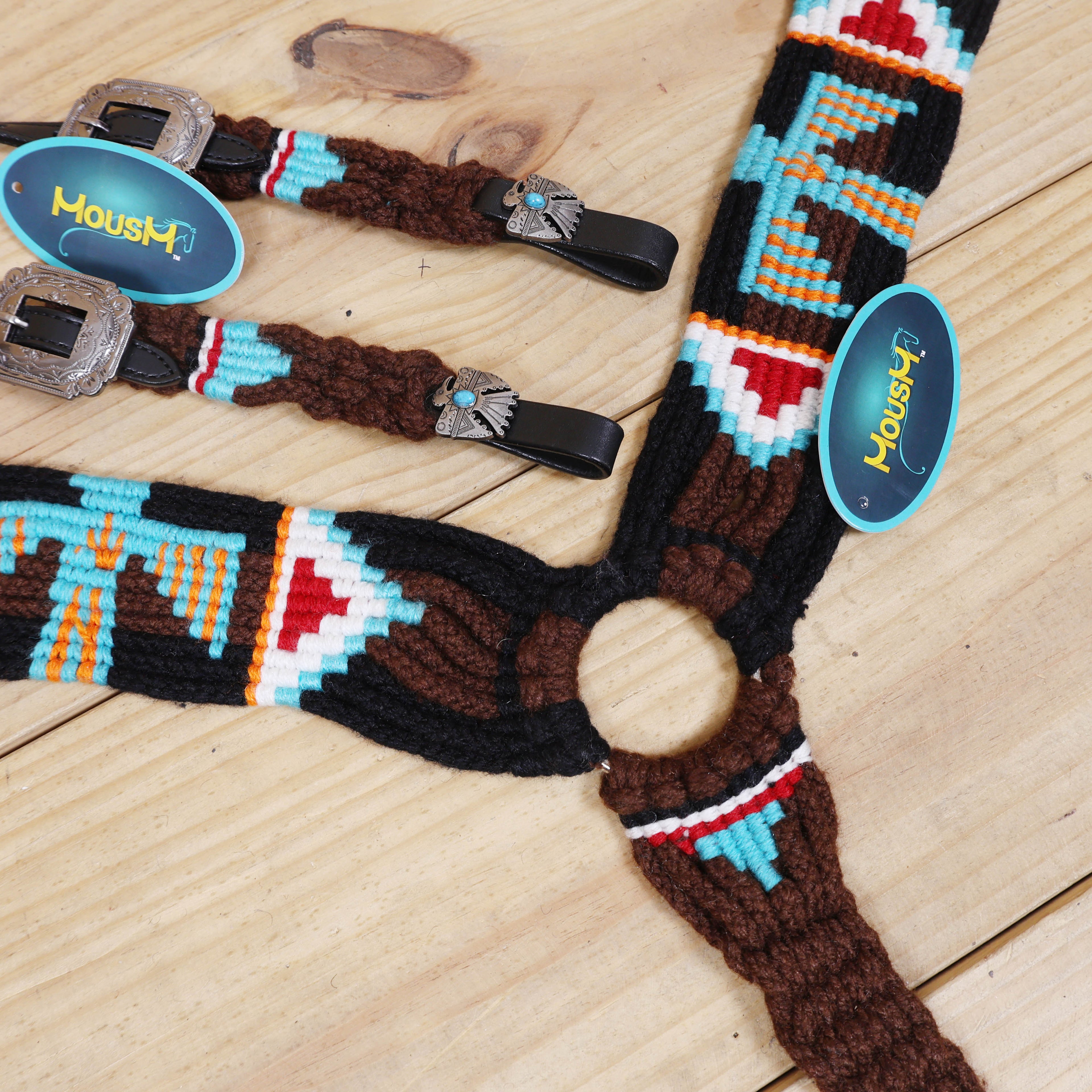 Thunder Bird Mohair Western Headstall Tack Set with 32” Front Girth – Brown, Black, Teal & Red – Complete 5-Piece Set on Argentina Leather – Antique Copper Hardware – Handcrafted