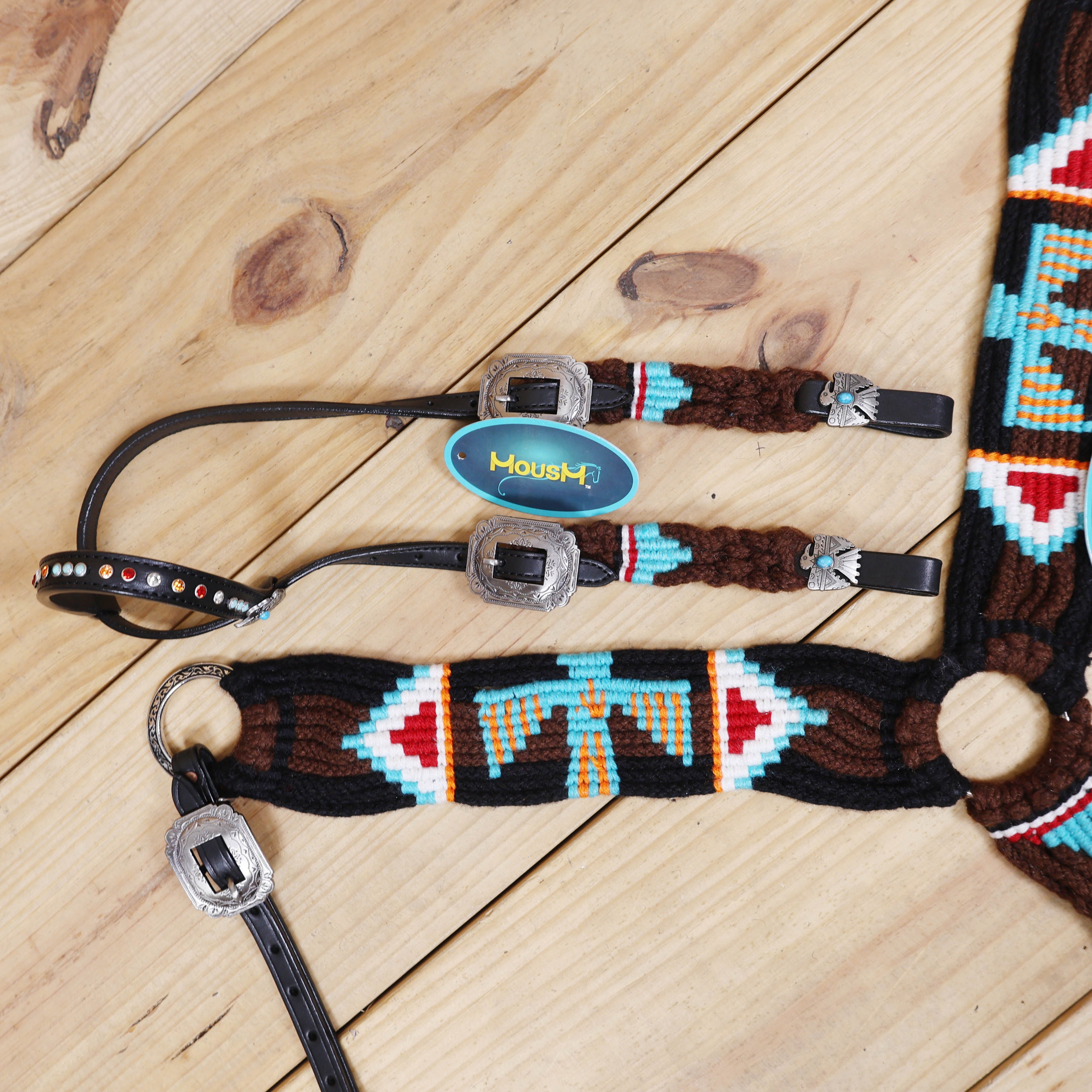 Thunder Bird Mohair Western Headstall Tack Set with 32” Front Girth – Brown, Black, Teal & Red – Complete 5-Piece Set on Argentina Leather – Antique Copper Hardware – Handcrafted