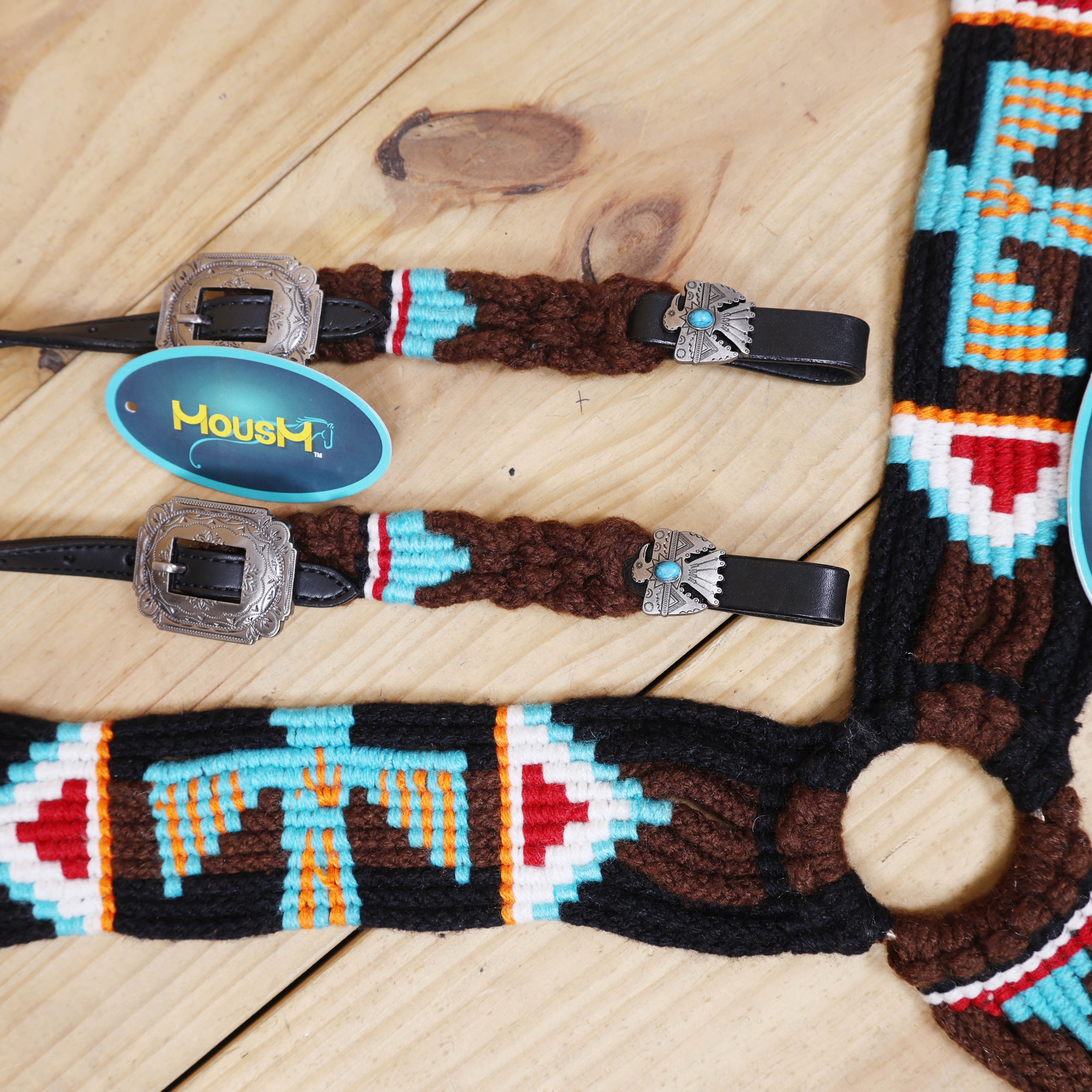 Thunder Bird Mohair Western Headstall Tack Set with 32” Front Girth – Brown, Black, Teal & Red – Complete 5-Piece Set on Argentina Leather – Antique Copper Hardware – Handcrafted