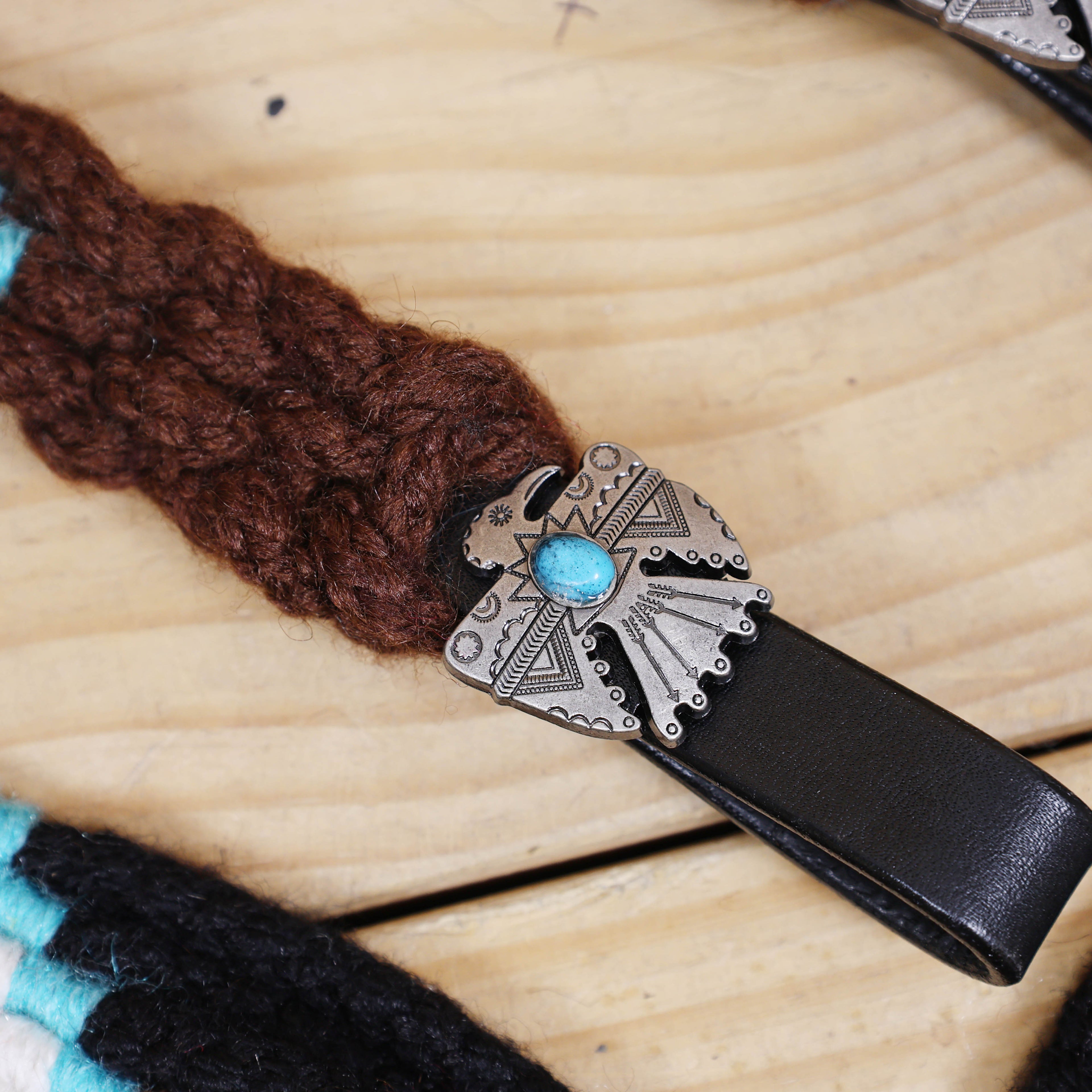 Thunder Bird Mohair Western Headstall Tack Set with 32” Front Girth – Brown, Black, Teal & Red – Complete 5-Piece Set on Argentina Leather – Antique Copper Hardware – Handcrafted