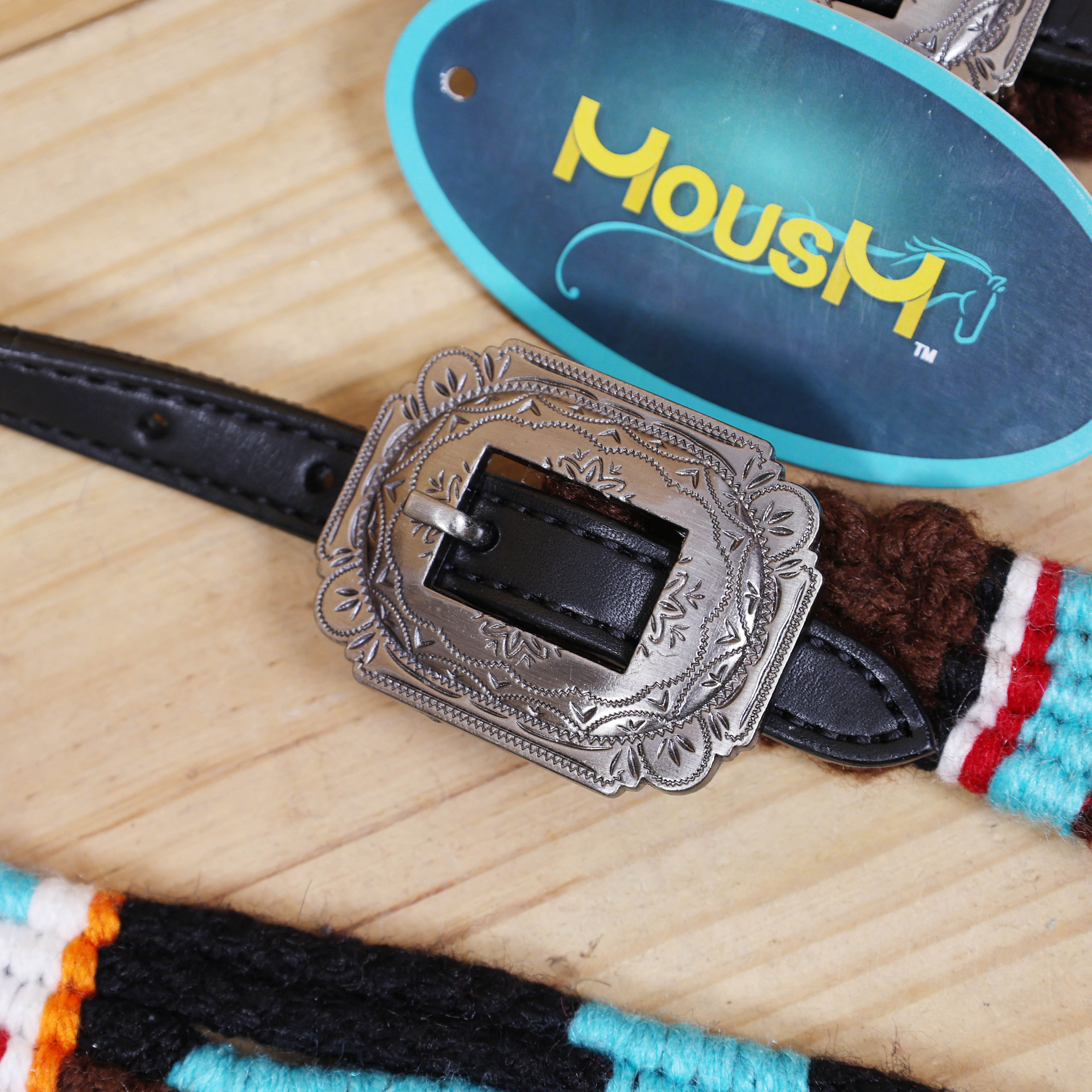 Thunder Bird Mohair Western Headstall Tack Set with 32” Front Girth – Brown, Black, Teal & Red – Complete 5-Piece Set on Argentina Leather – Antique Copper Hardware – Handcrafted