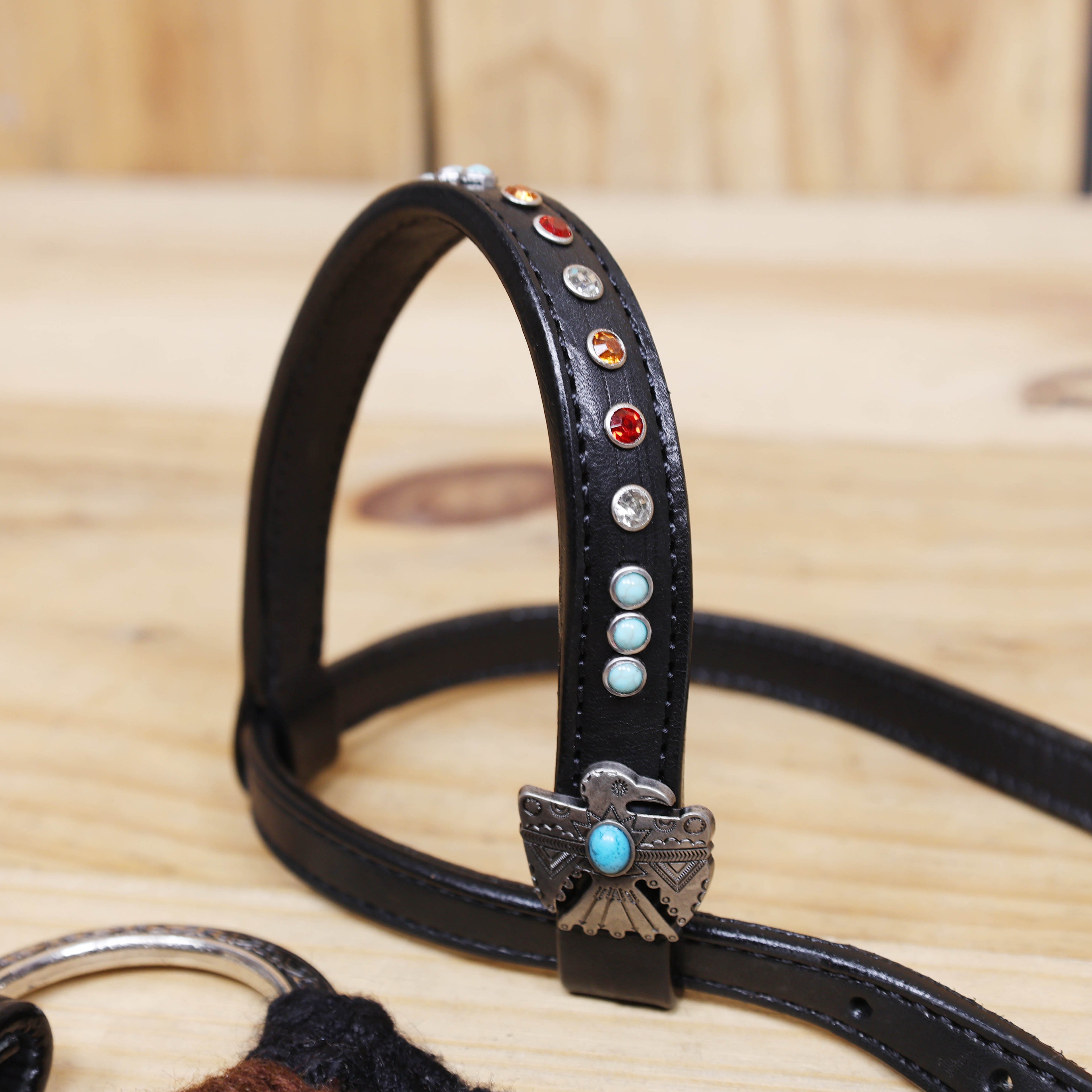 Thunder Bird Mohair Western Headstall Tack Set with 32” Front Girth – Brown, Black, Teal & Red – Complete 5-Piece Set on Argentina Leather – Antique Copper Hardware – Handcrafted