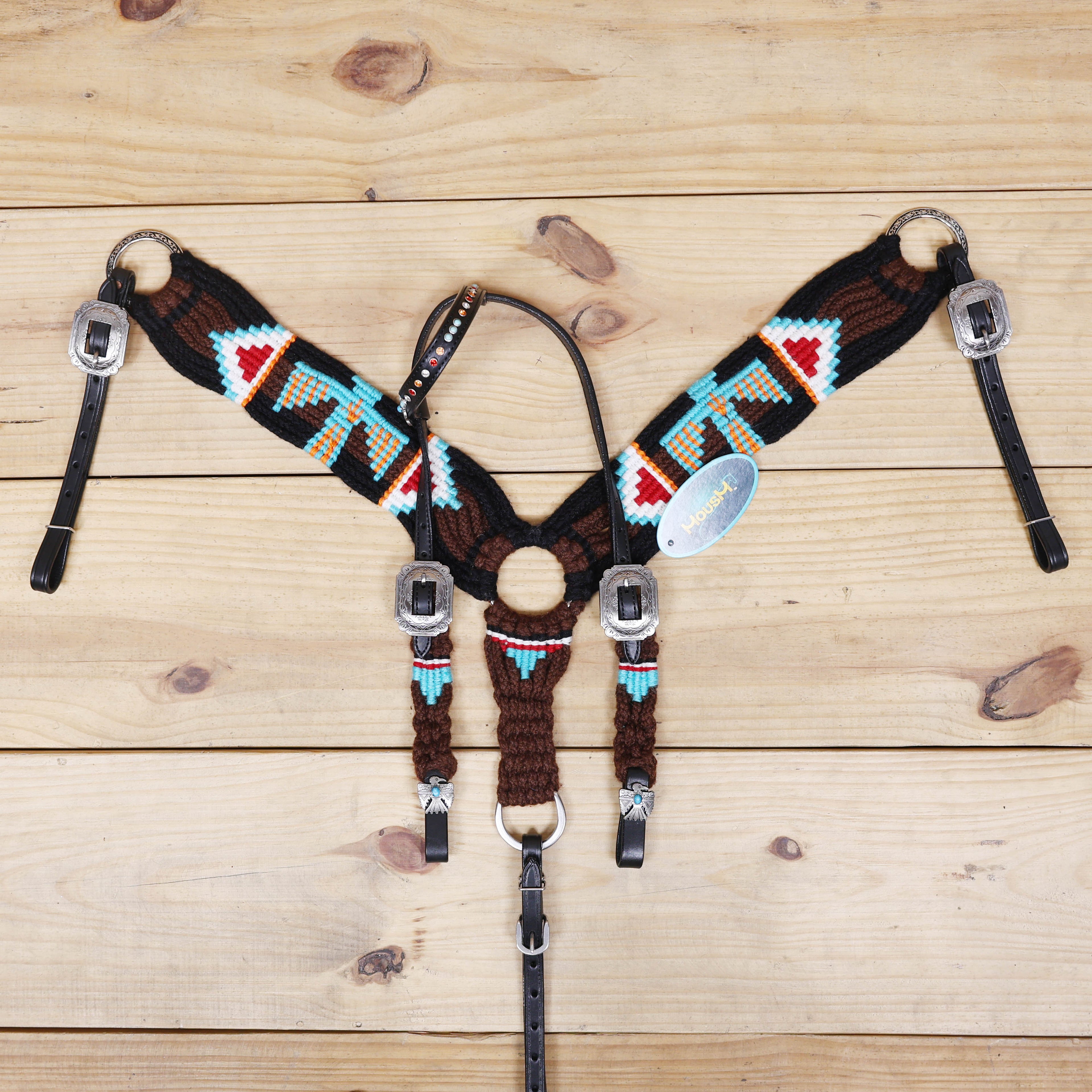 Thunder Bird Mohair Western Headstall Tack Set with 32” Front Girth – Brown, Black, Teal & Red – Complete 5-Piece Set on Argentina Leather – Antique Copper Hardware – Handcrafted