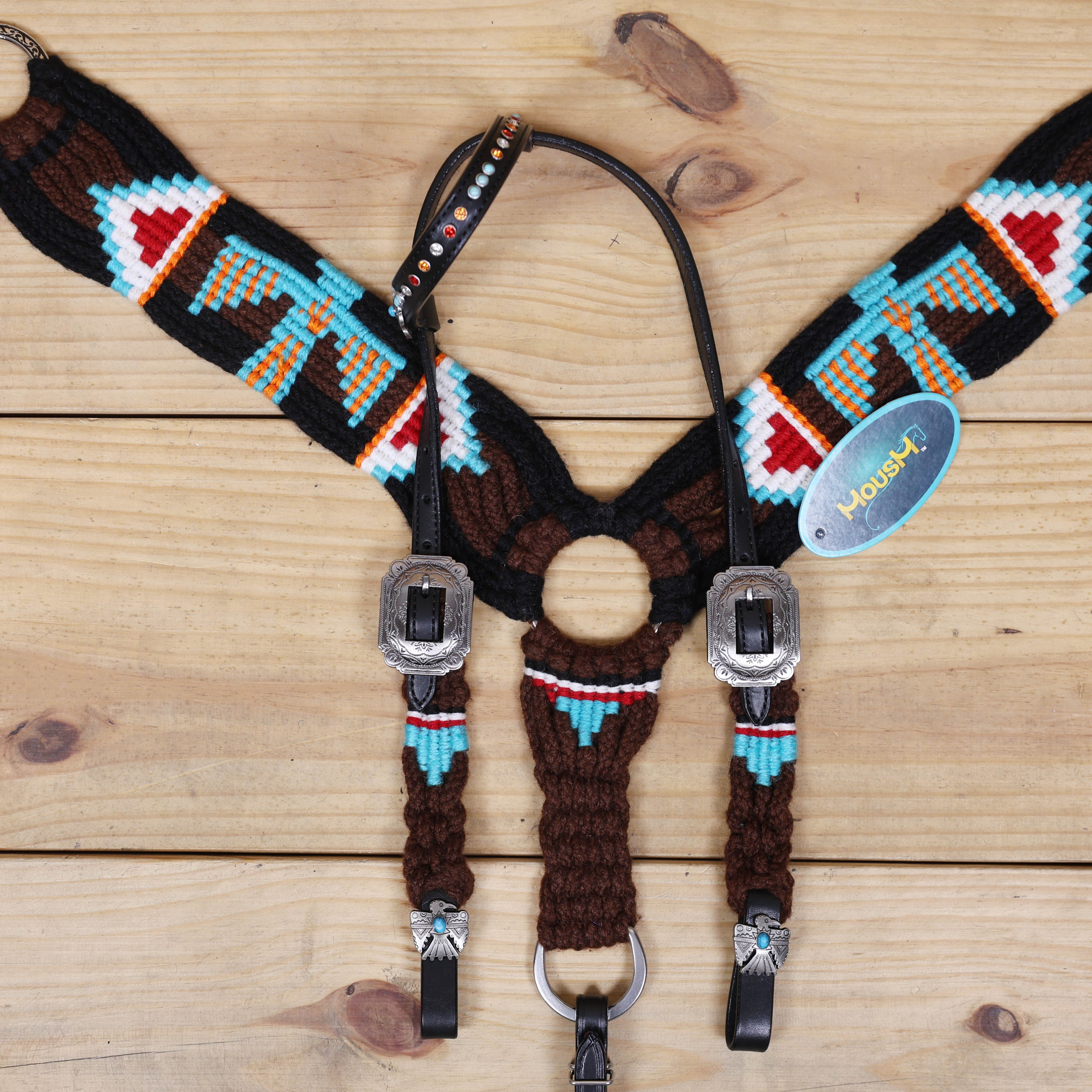 Thunder Bird Mohair Western Headstall Tack Set with 32” Front Girth – Brown, Black, Teal & Red – Complete 5-Piece Set on Argentina Leather – Antique Copper Hardware – Handcrafted