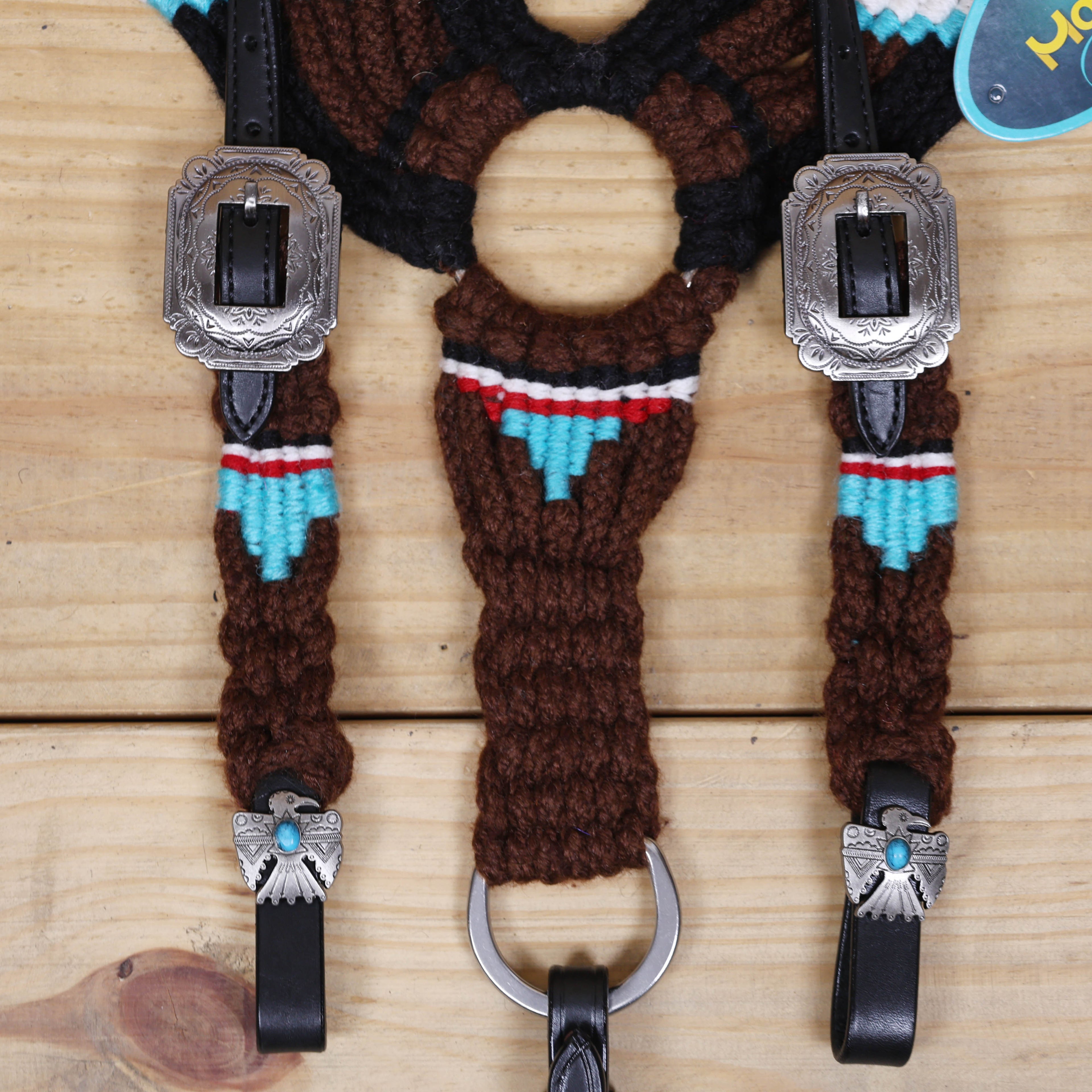 Thunder Bird Mohair Western Headstall Tack Set with 32” Front Girth – Brown, Black, Teal & Red – Complete 5-Piece Set on Argentina Leather – Antique Copper Hardware – Handcrafted