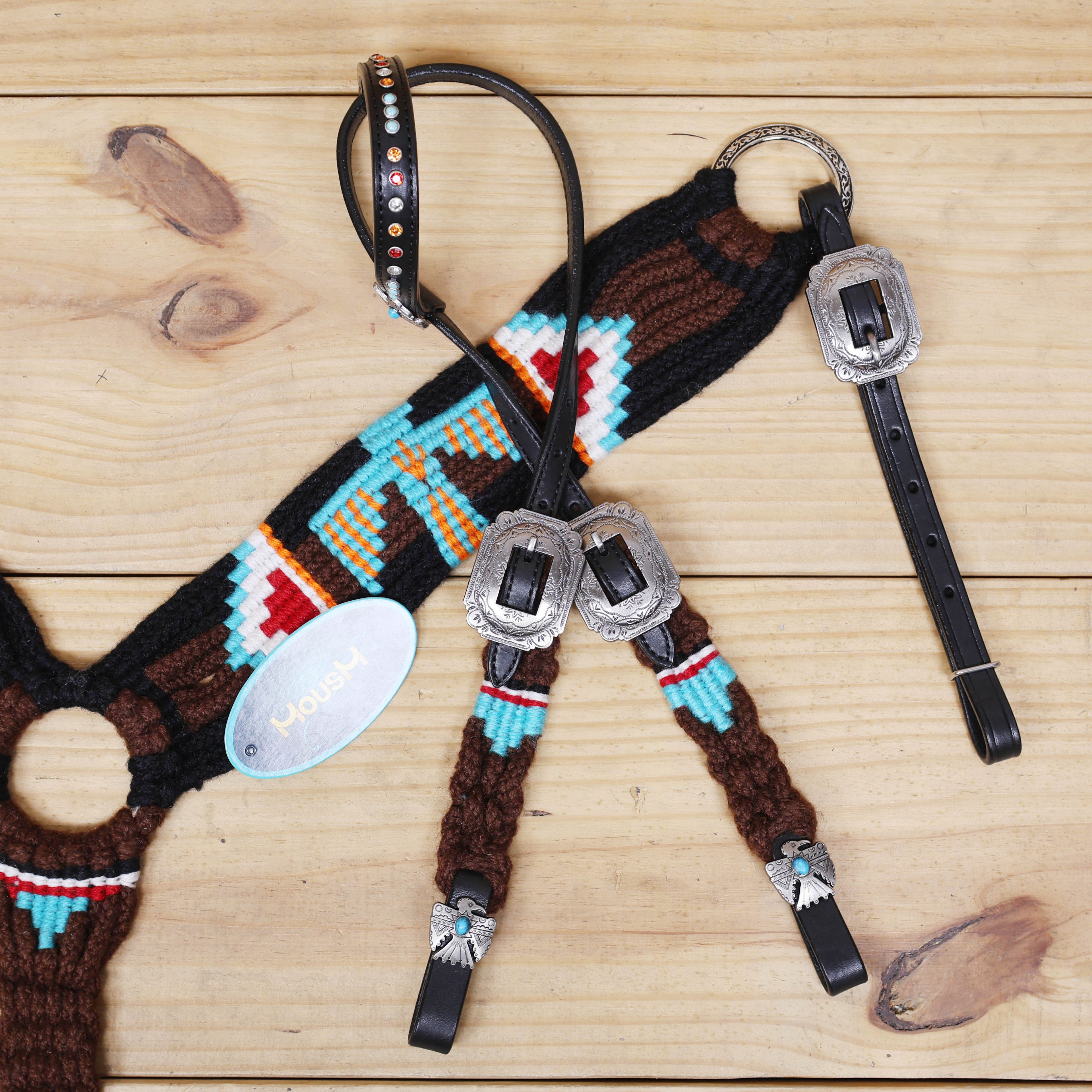 Thunder Bird Mohair Western Headstall Tack Set with 32” Front Girth – Brown, Black, Teal & Red – Complete 5-Piece Set on Argentina Leather – Antique Copper Hardware – Handcrafted