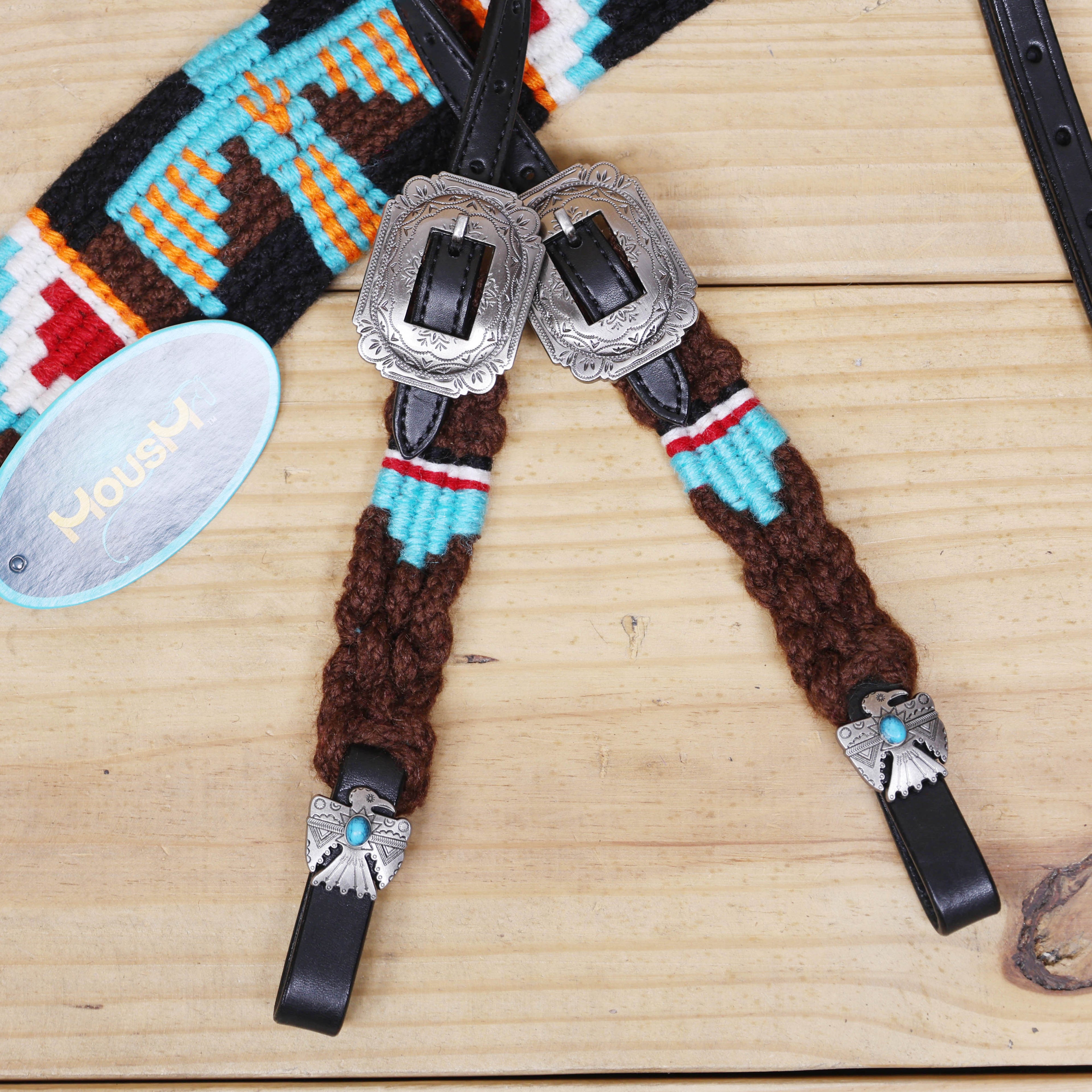 Thunder Bird Mohair Western Headstall Tack Set with 32” Front Girth – Brown, Black, Teal & Red – Complete 5-Piece Set on Argentina Leather – Antique Copper Hardware – Handcrafted
