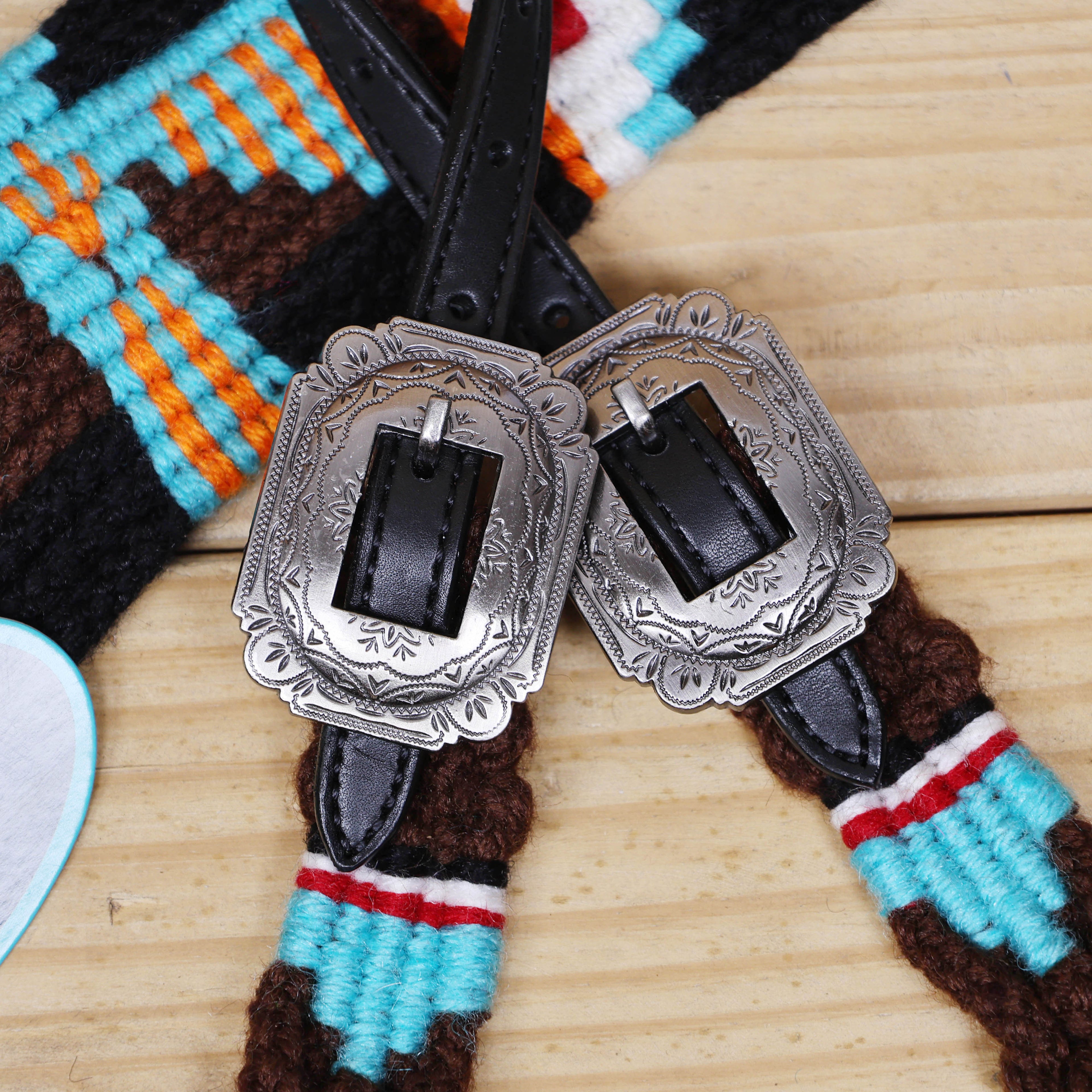 Thunder Bird Mohair Western Headstall Tack Set with 32” Front Girth – Brown, Black, Teal & Red – Complete 5-Piece Set on Argentina Leather – Antique Copper Hardware – Handcrafted